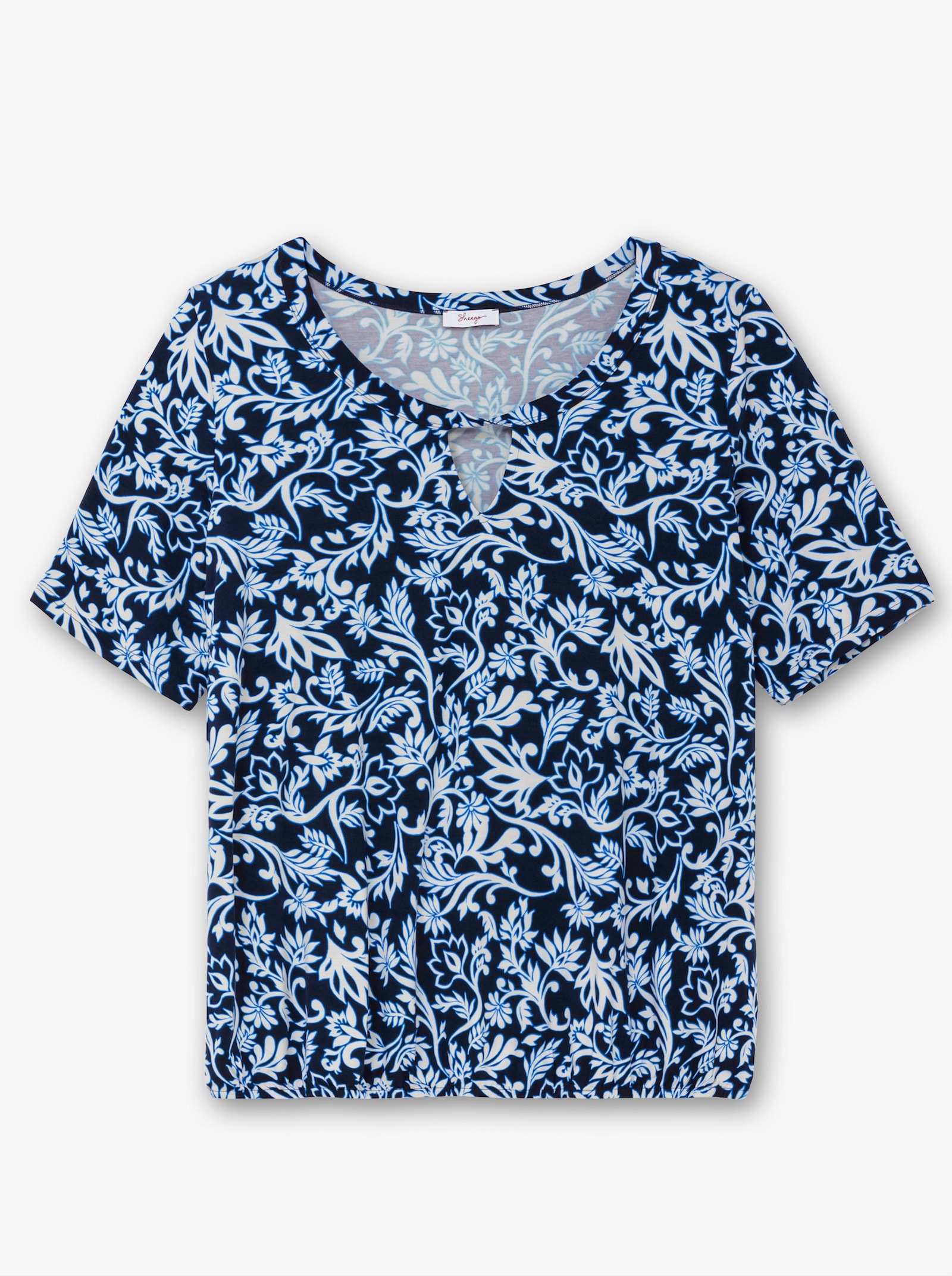 sheego Shirt mit Alloverdruck und Cut-out vorn - tiefblau-gemustert