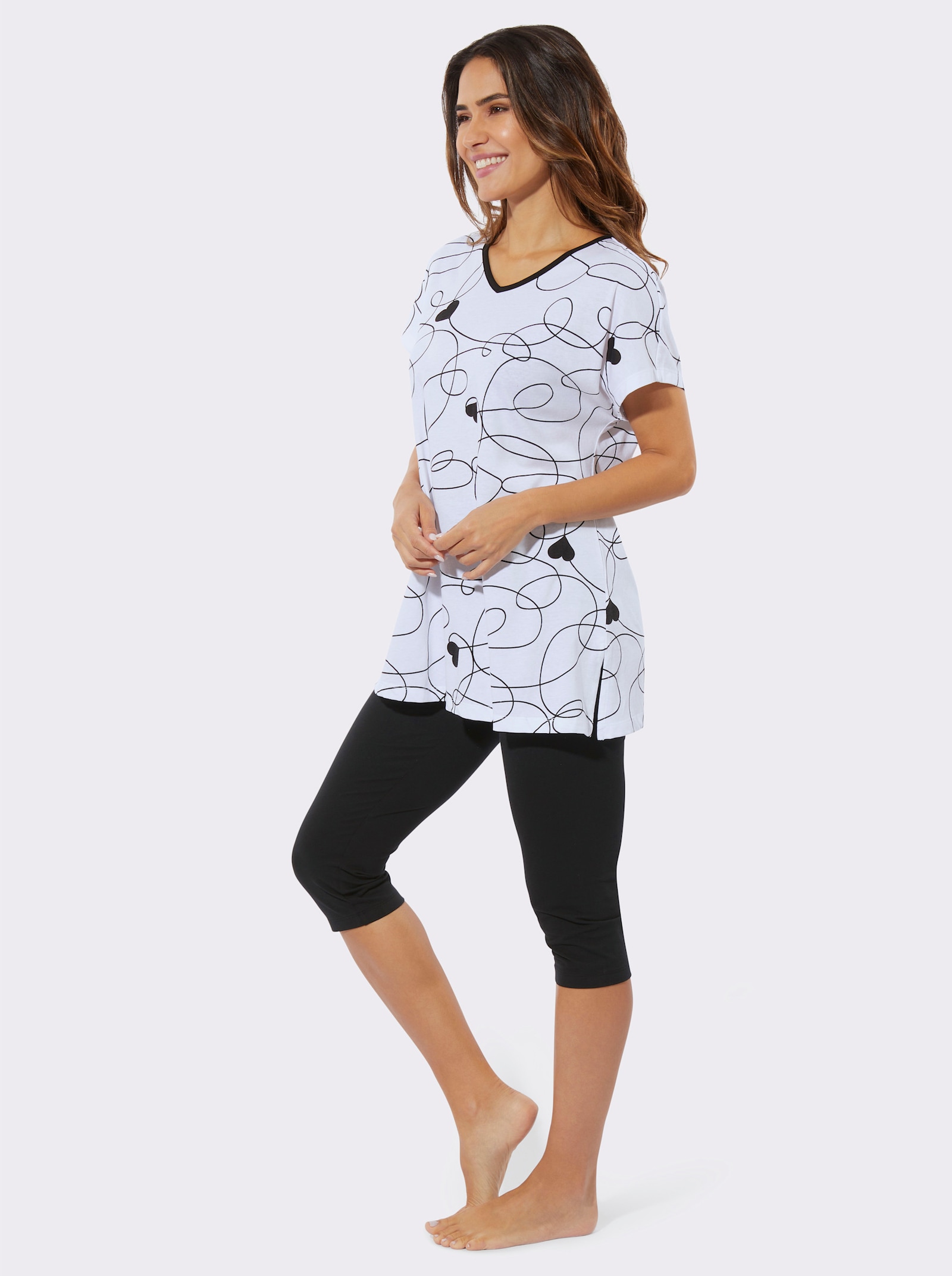 Capri pyžamo, dlhé tričko+legíny - bielo-čierna