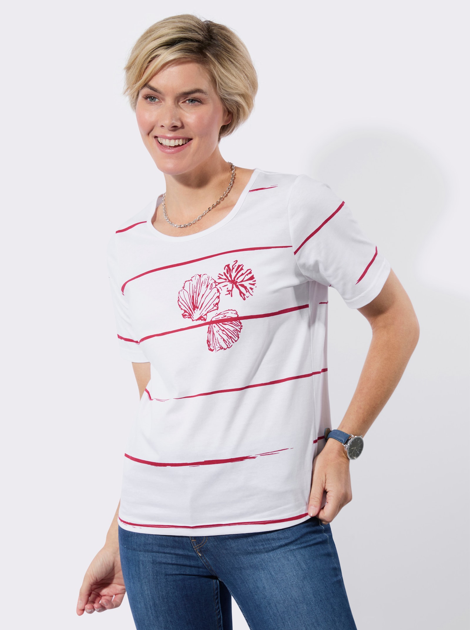 Kurzarmshirt - weiß-rot-bedruckt