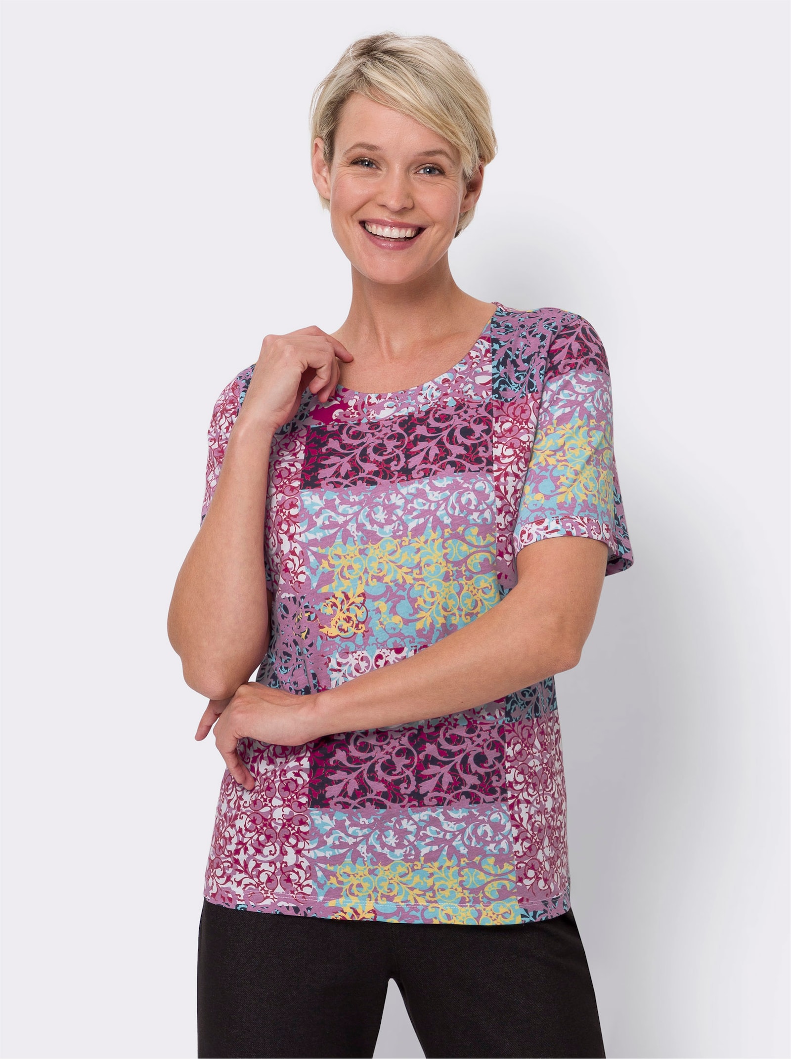 Kurzarmshirt mit Patchwork-Druck - pink-zitrone-bedruckt