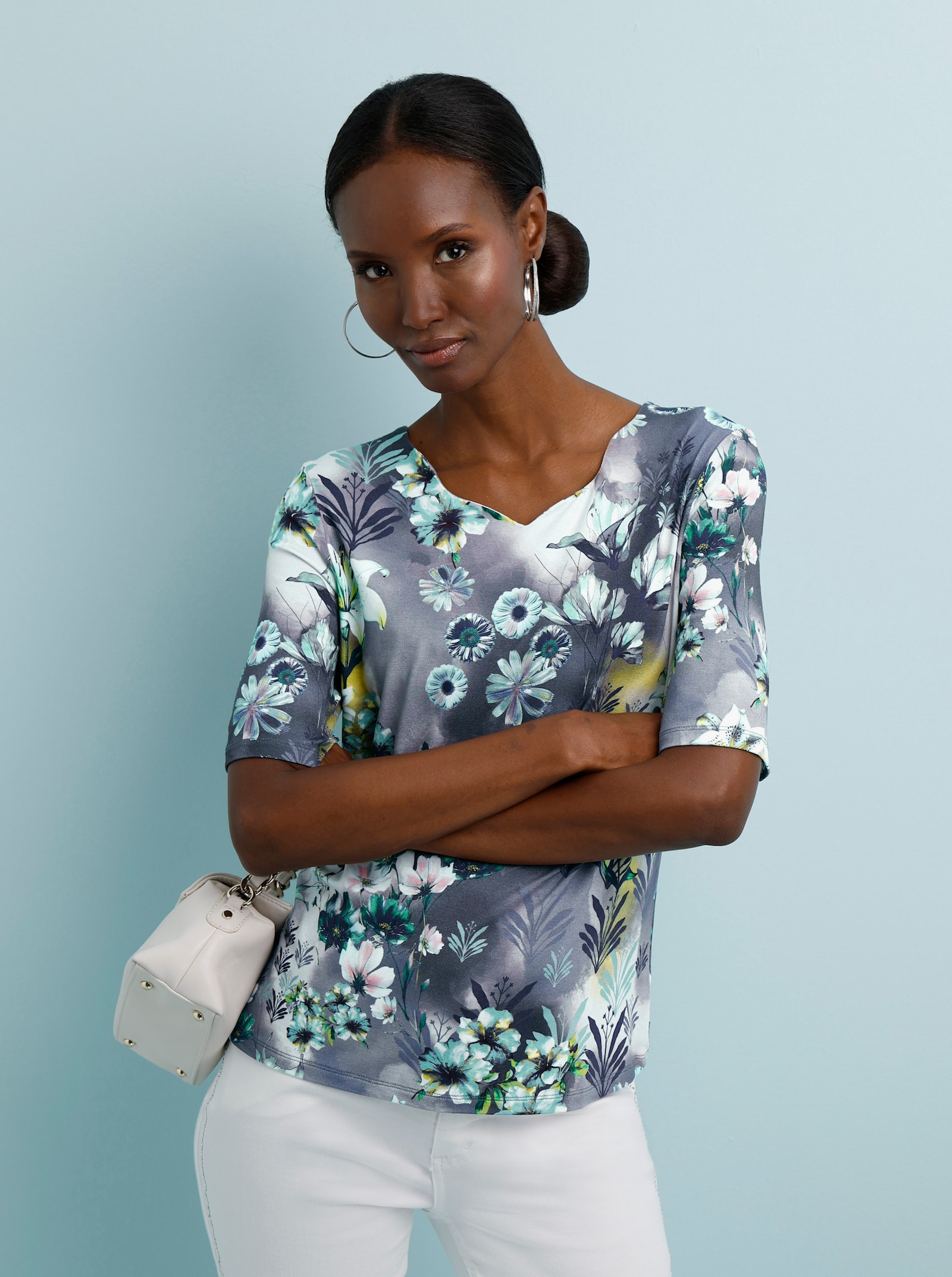Shirt mit Wellenkante - ecru-mint-bedruckt