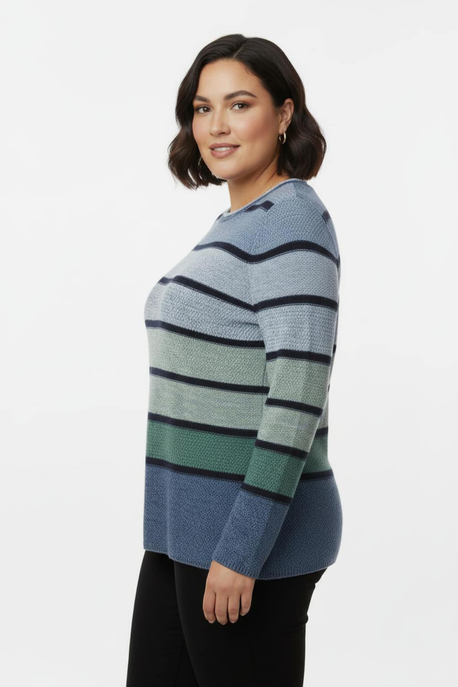 Rundhalspullover mit Ringeln - mittelblau-grün-geringelt