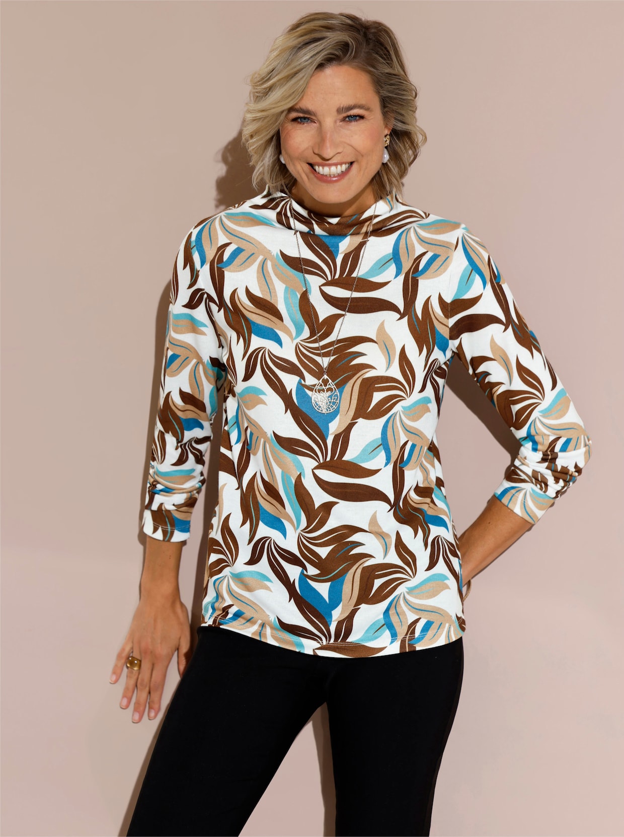 Feinstrickpullover mit Kelchkragen - schoko-ecru-bedruckt