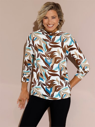 Feinstrickpullover mit Kelchkragen - schoko-ecru-bedruckt