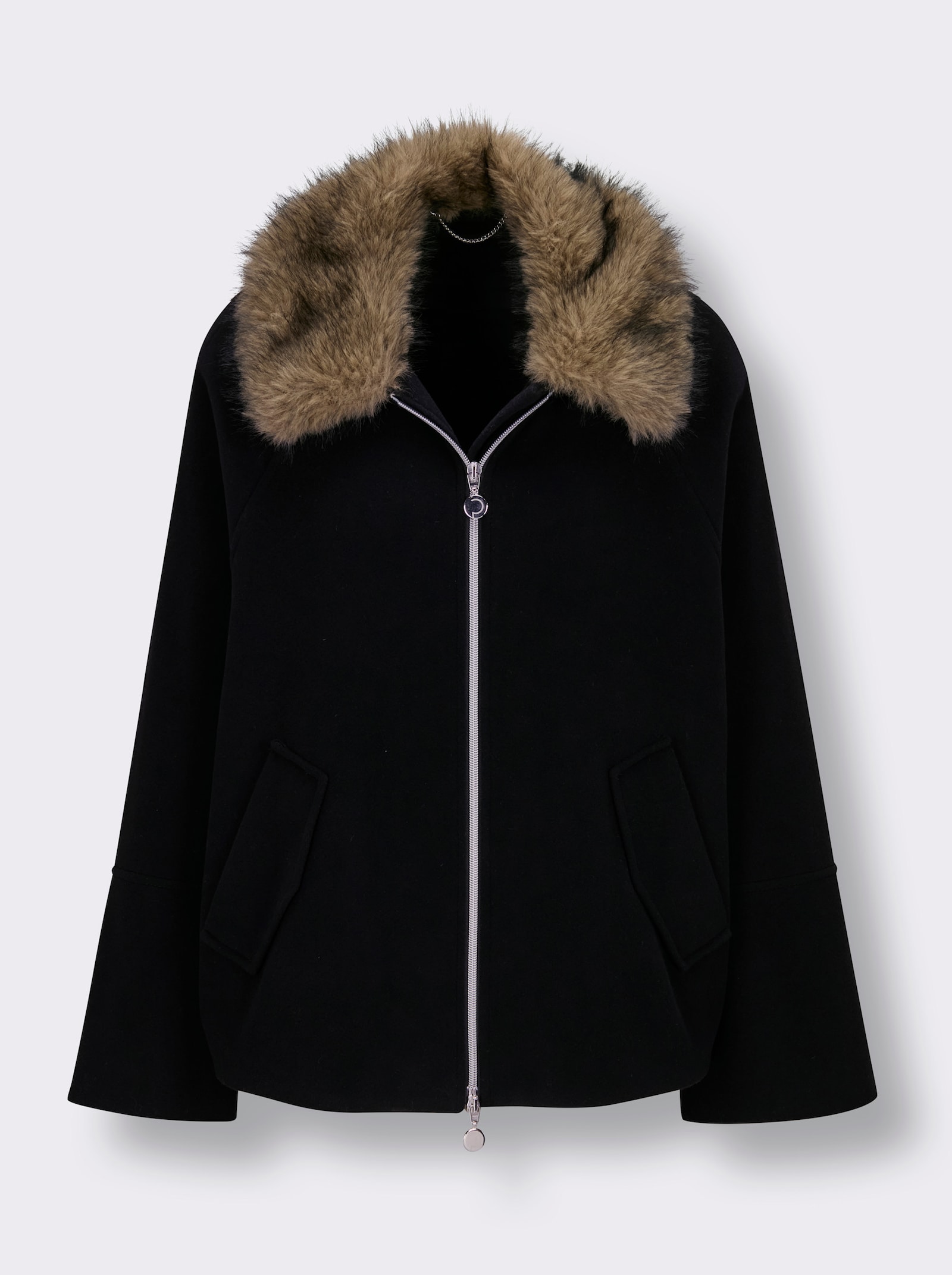 CREATION L PREMIUM Wolljacke mit Pelz-Imitat-Kragen - schwarz