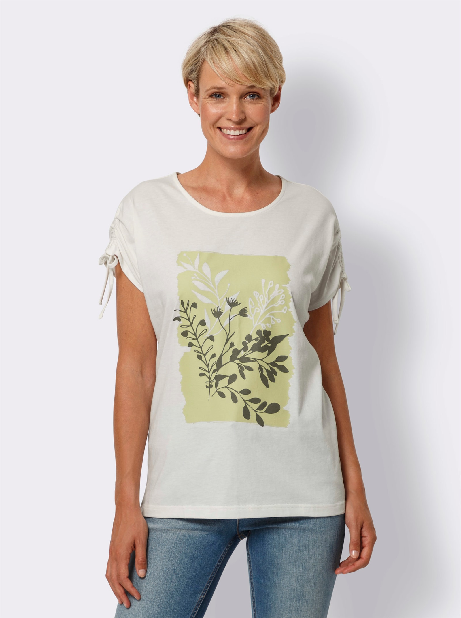Kurzarmshirt mit Raffung an den Ärmeln - ecru-lindgrün