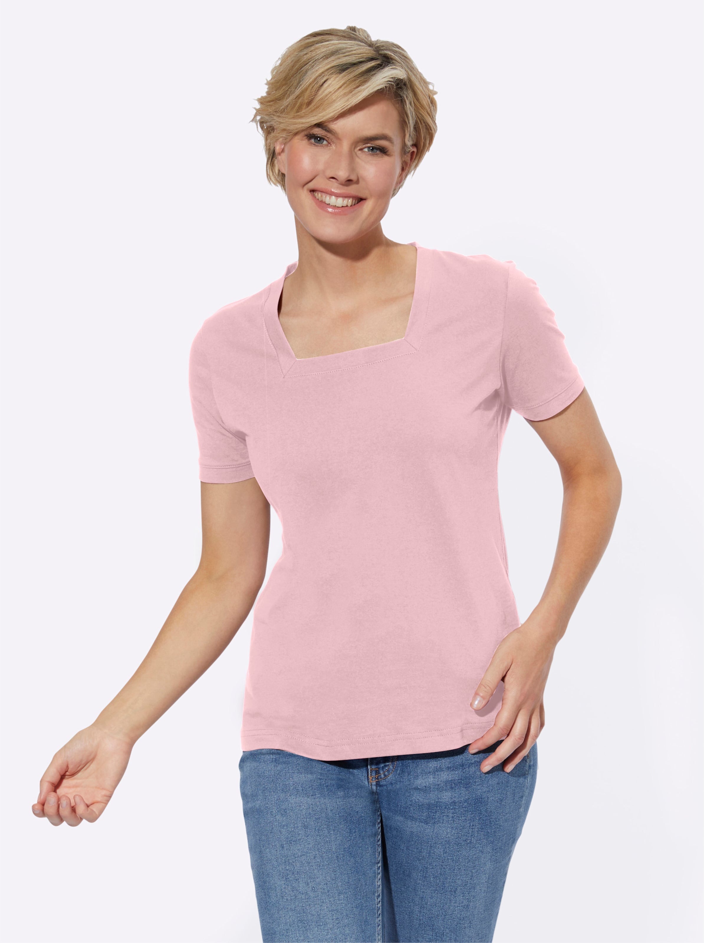 von heine günstig Kaufen-Kurzarmshirt in rosé von heine. Kurzarmshirt in rosé von heine <![CDATA[Shirt mit apartem Karree-Ausschnitt in kombistarken Farben.]]>. 