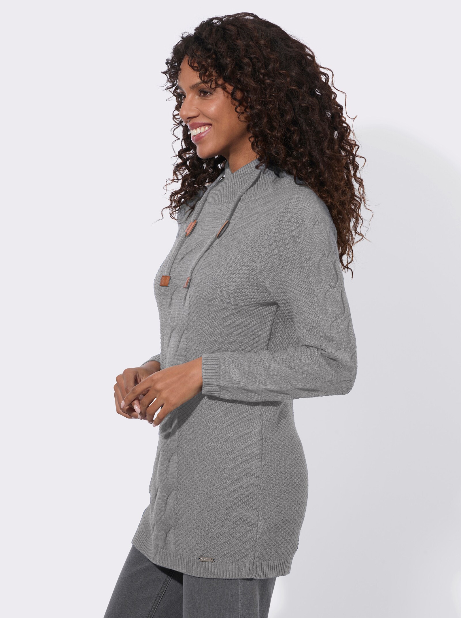  Longpullover mit Zopfmuster - steingrau-meliert