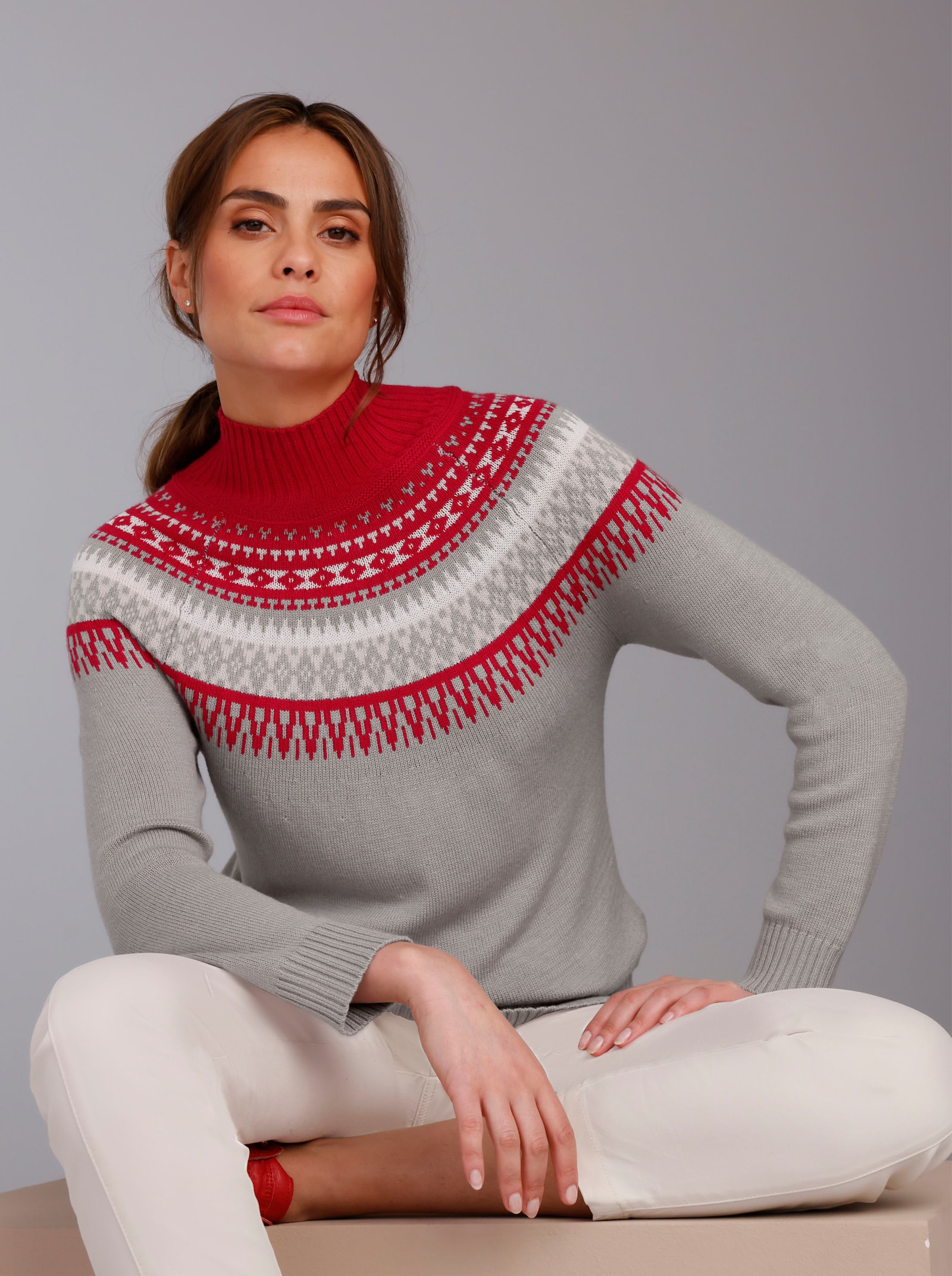 CREATION L PREMIUM Norwegerpullover mit Jacquard-Strick - steingrau-rot-gemustert
