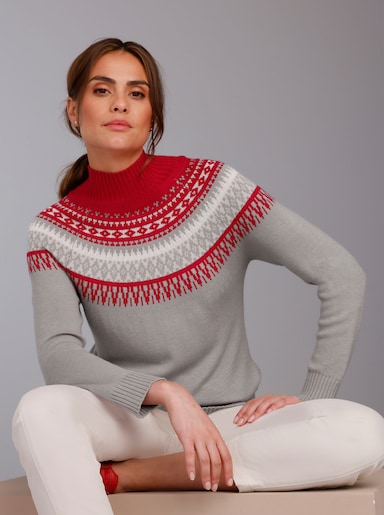 CREATION L PREMIUM Norwegerpullover mit Jacquard-Strick - steingrau-rot-gemustert