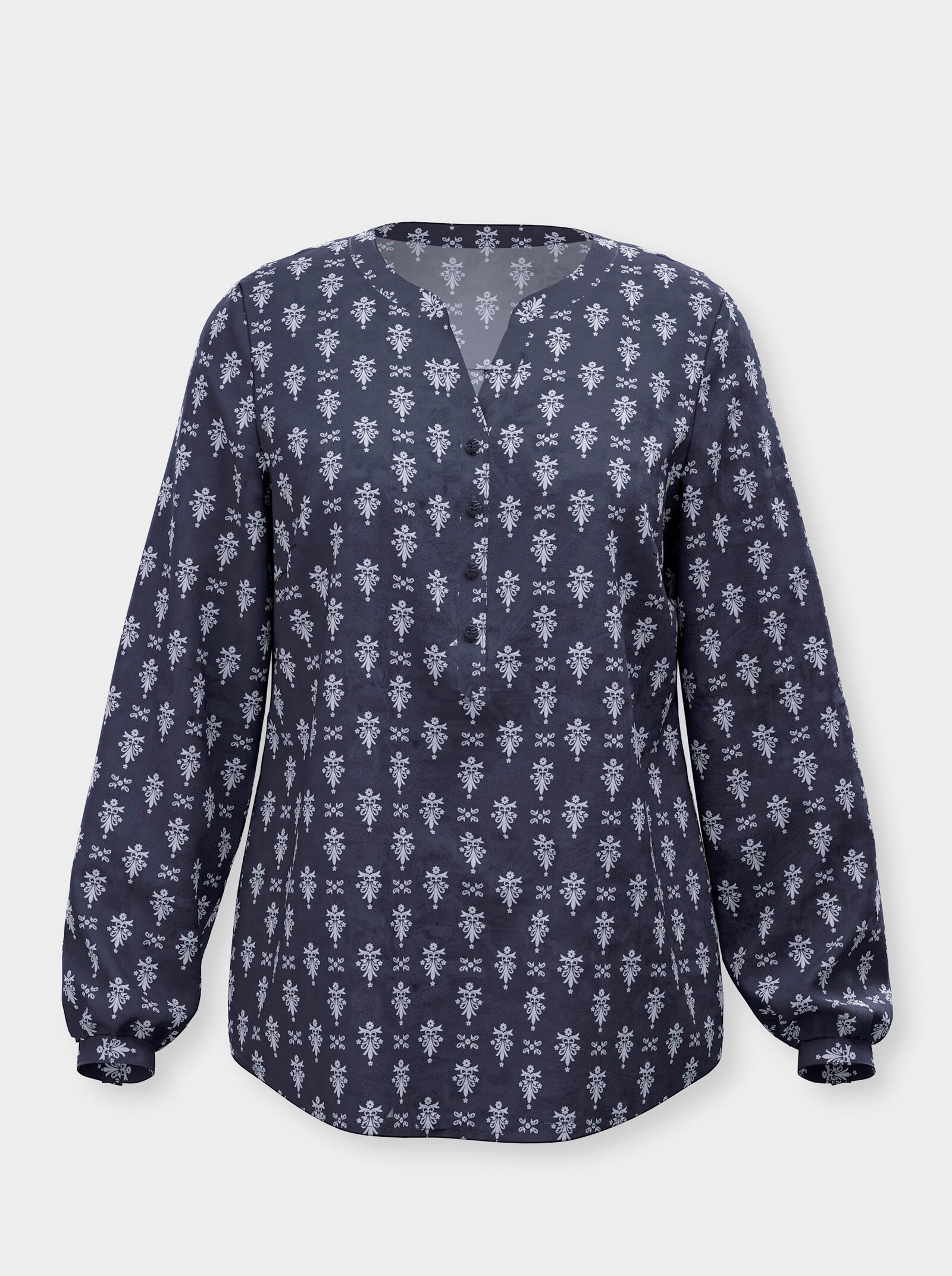 Schlupfbluse mit kurzer Knopfleiste - marine-ecru-bedruckt