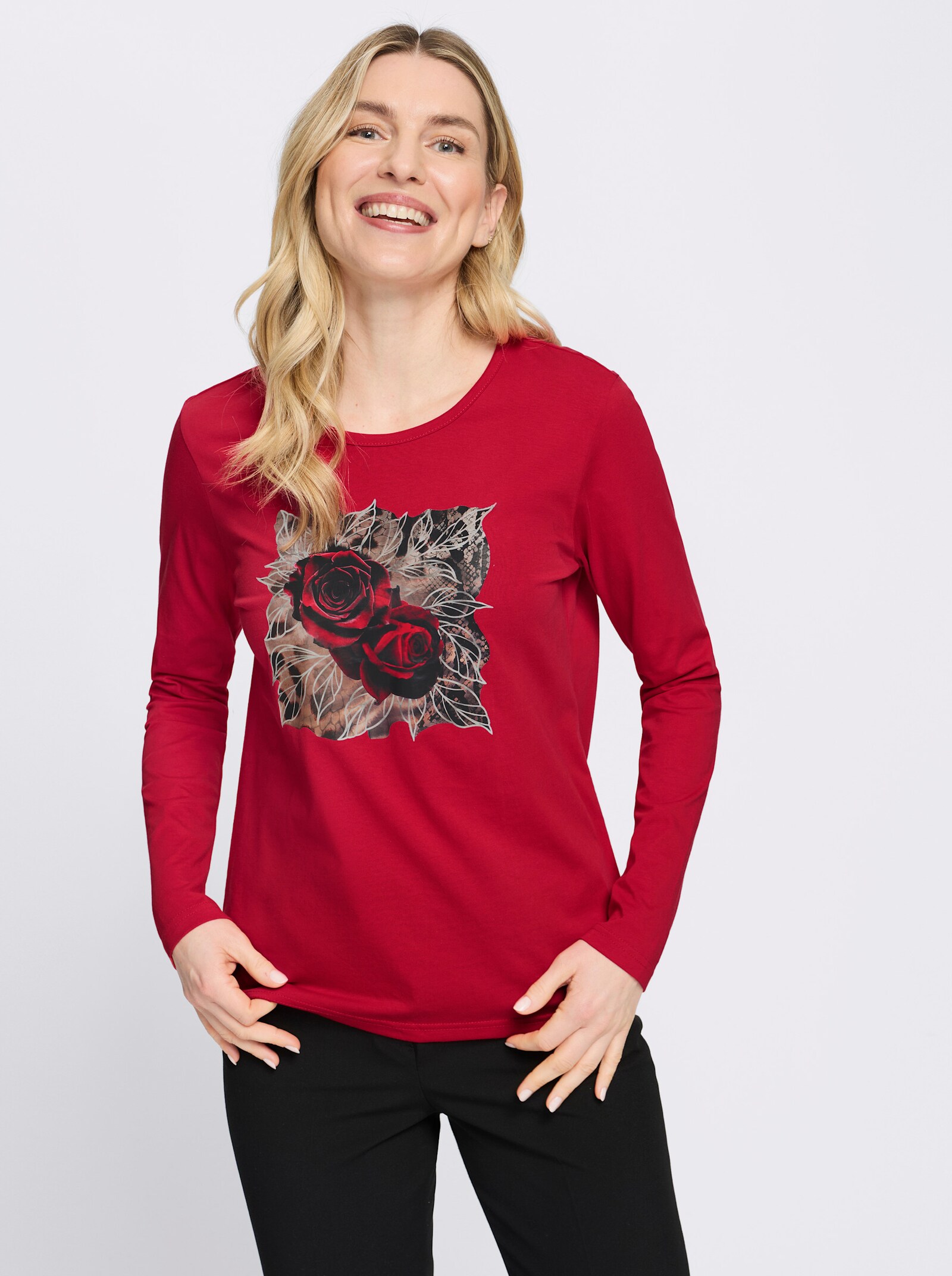 Langarmshirt mit platziertem Rosen-Leo-Print - rot