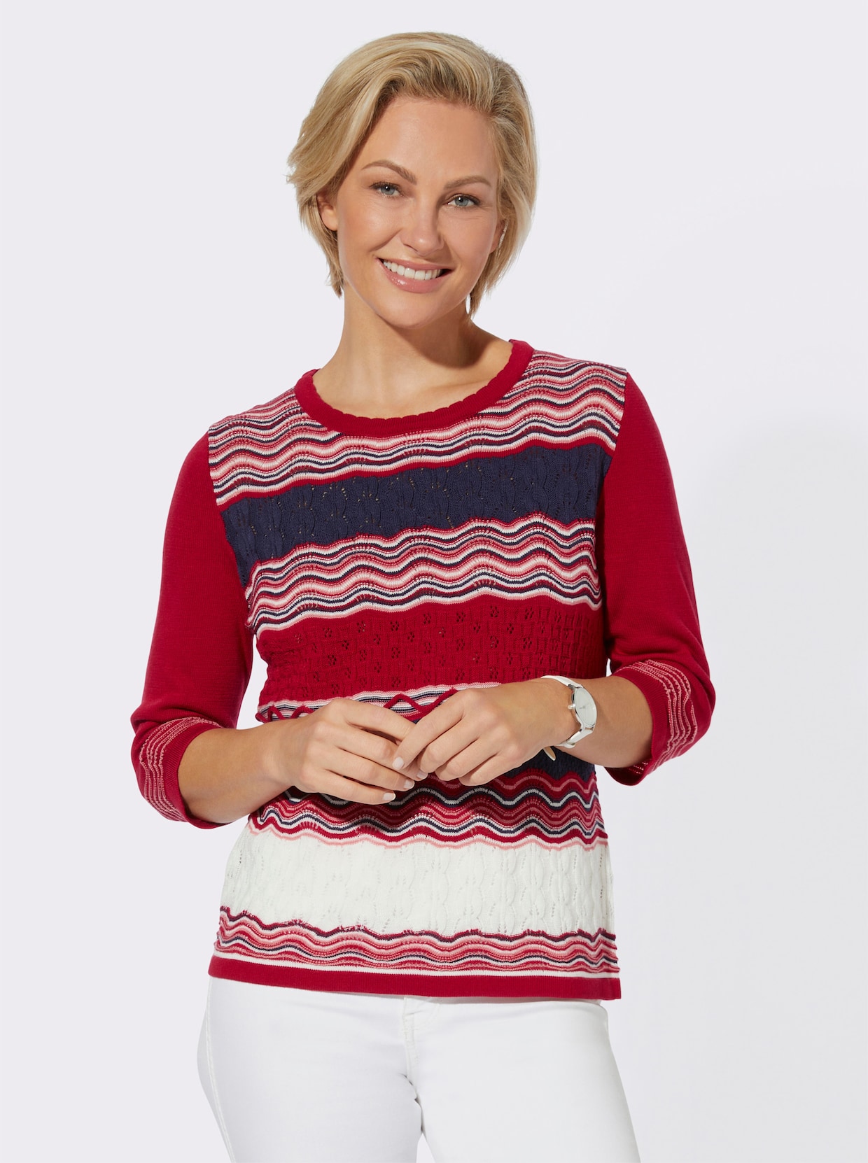 Pullover met ronde hals - rood/marine gedessineerd
