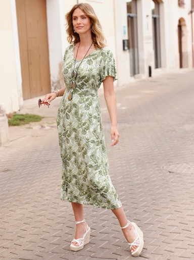 Jerseykleid mit Smokpartie hinten - ecru-oliv-bedruckt