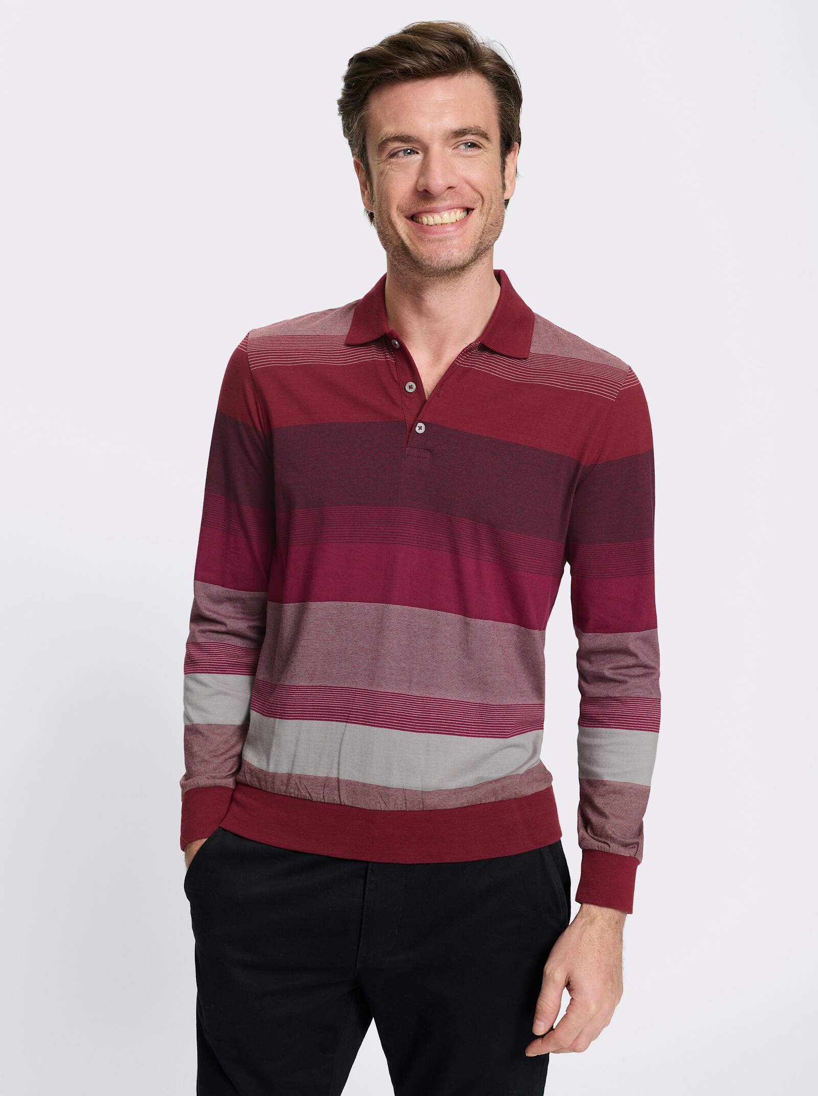 Marco Donati Langarm-Poloshirt , hochwertig garngefärbt - dunkelrot-steingrau-gestreift