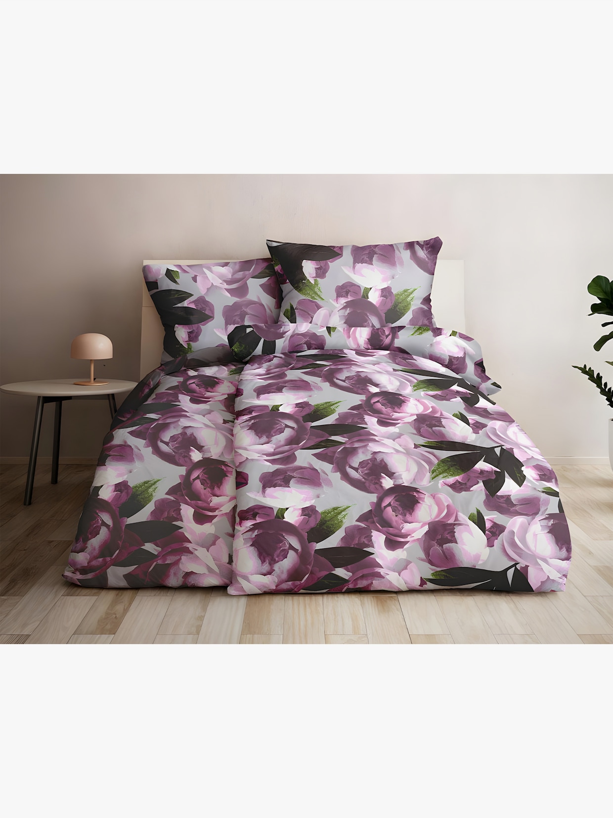 Grund Wendebettwäsche - grau-rosé-bedruckt