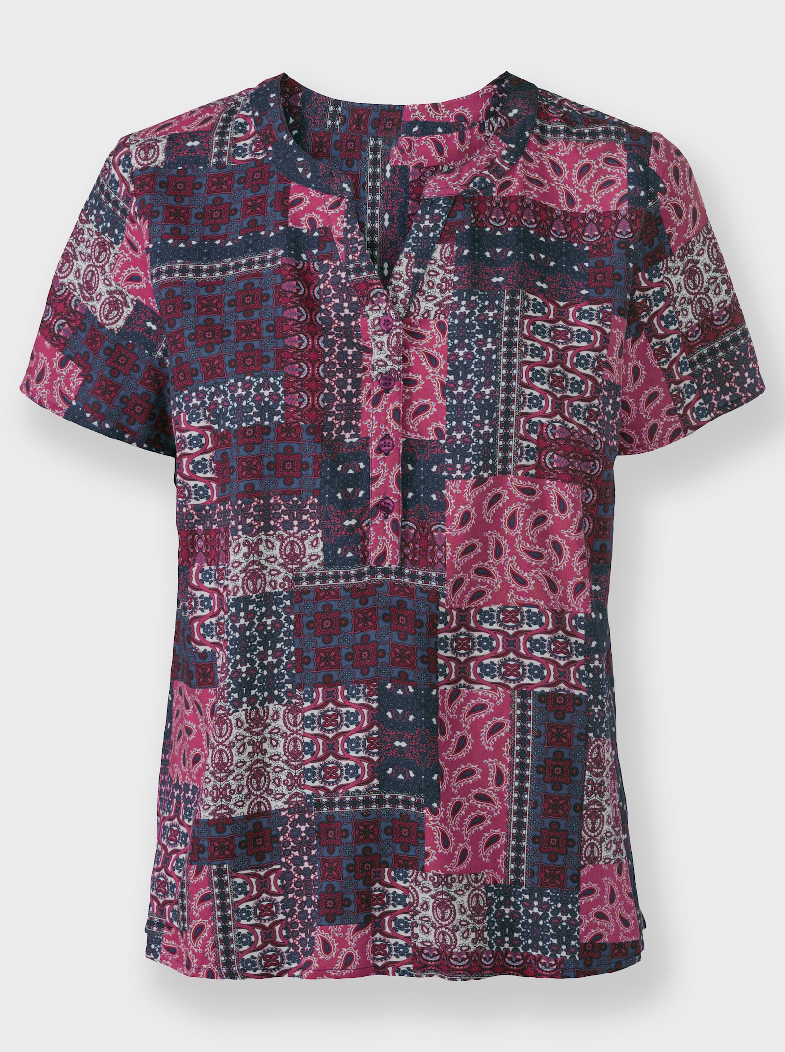 Kurzarmbluse mit Patchwork-Druck - erika-jeansblau-bedruckt