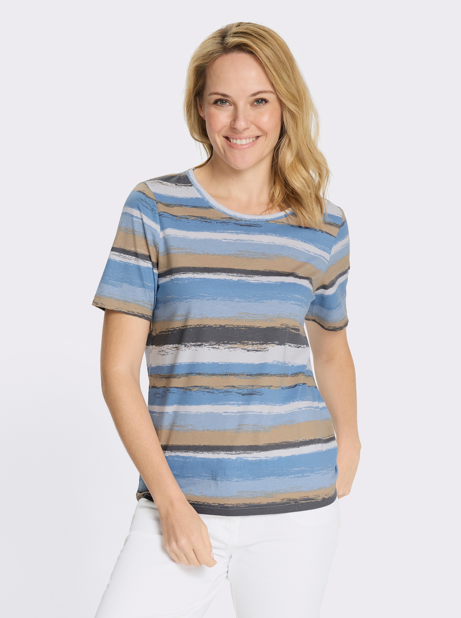 Tričko s krátkým rukávem s vícebarevným proužkovaným vzorem - střední modrá-velbloudí-potisk