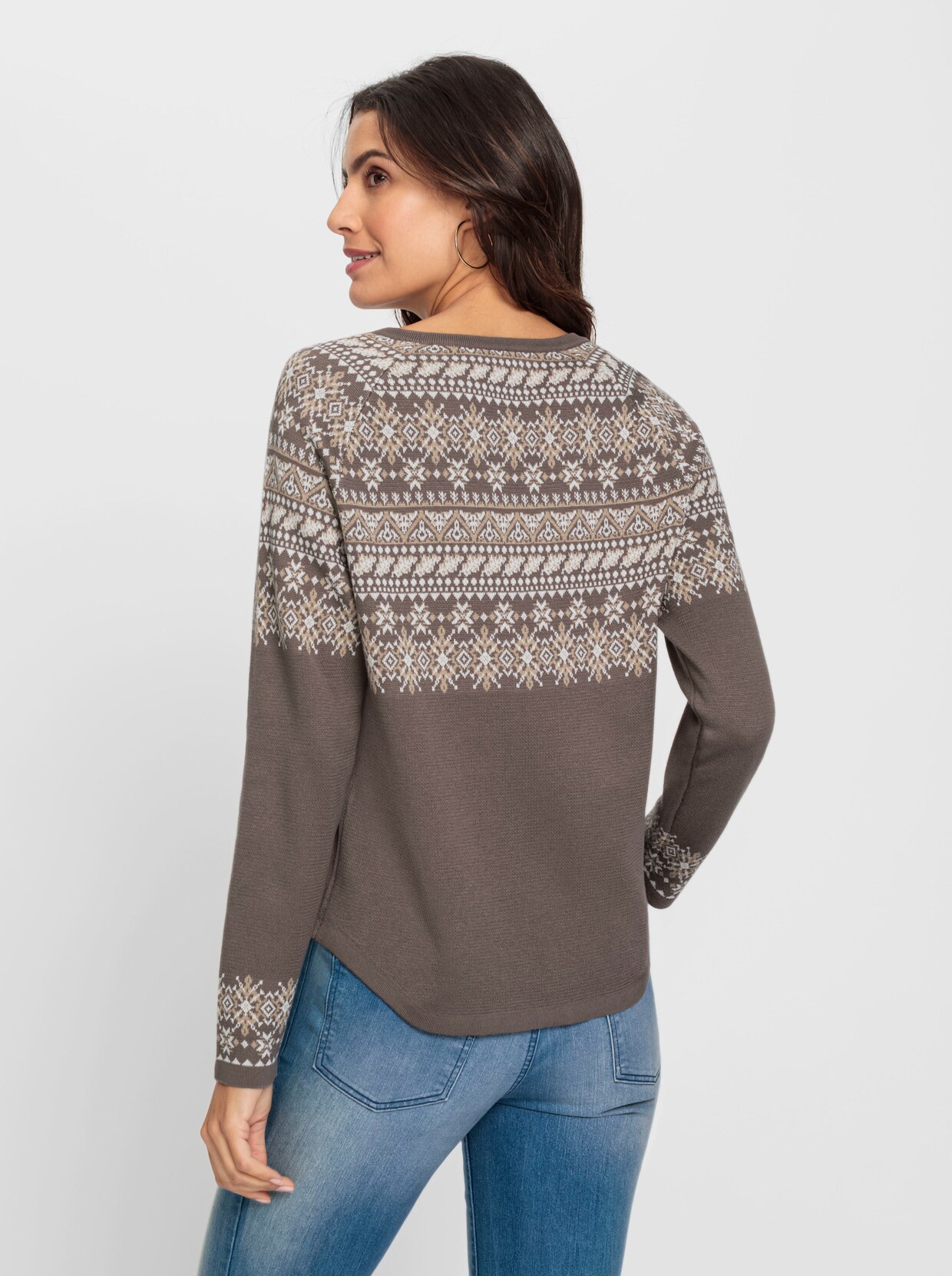 Noorse trui van jacquard - donkertaupe/ecru gedessineerd