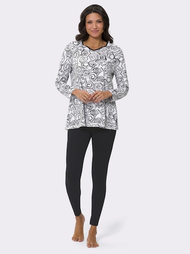 Schlafanzug mit ausgestelltem Oberteil - weiß-schwarz-bedruckt