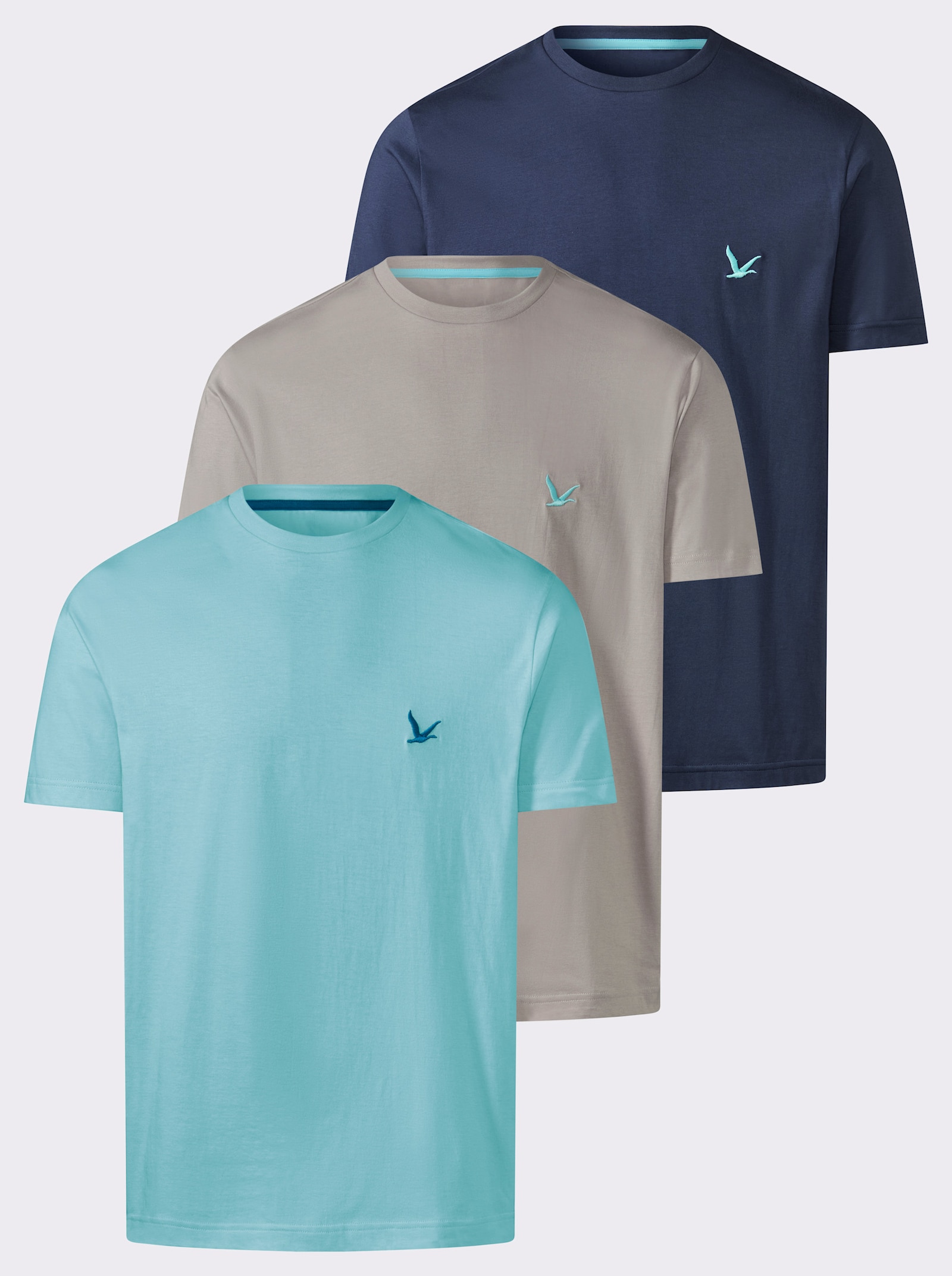 T-Shirt im 3er-Pack - dunkelblau + steingrau + aquamarin