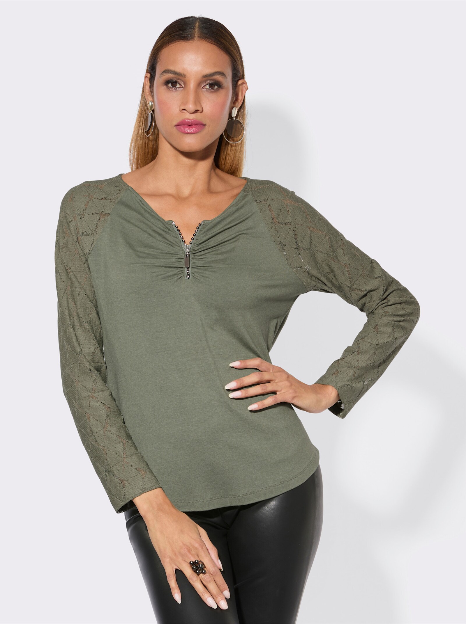 Spitzenshirt mit Reißverschluss - khaki