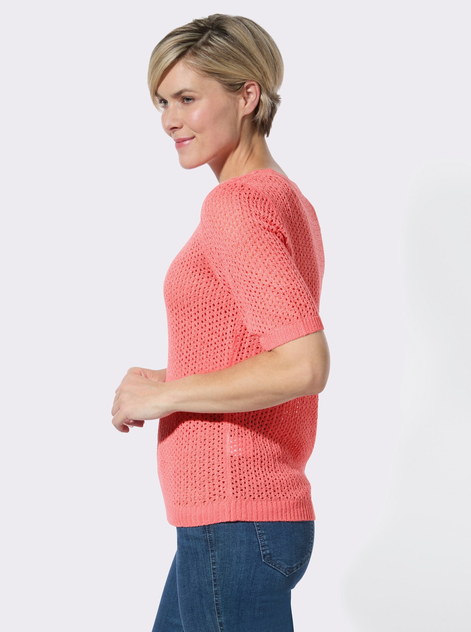 Ajourpullover mit kurzen Ärmeln - flamingo