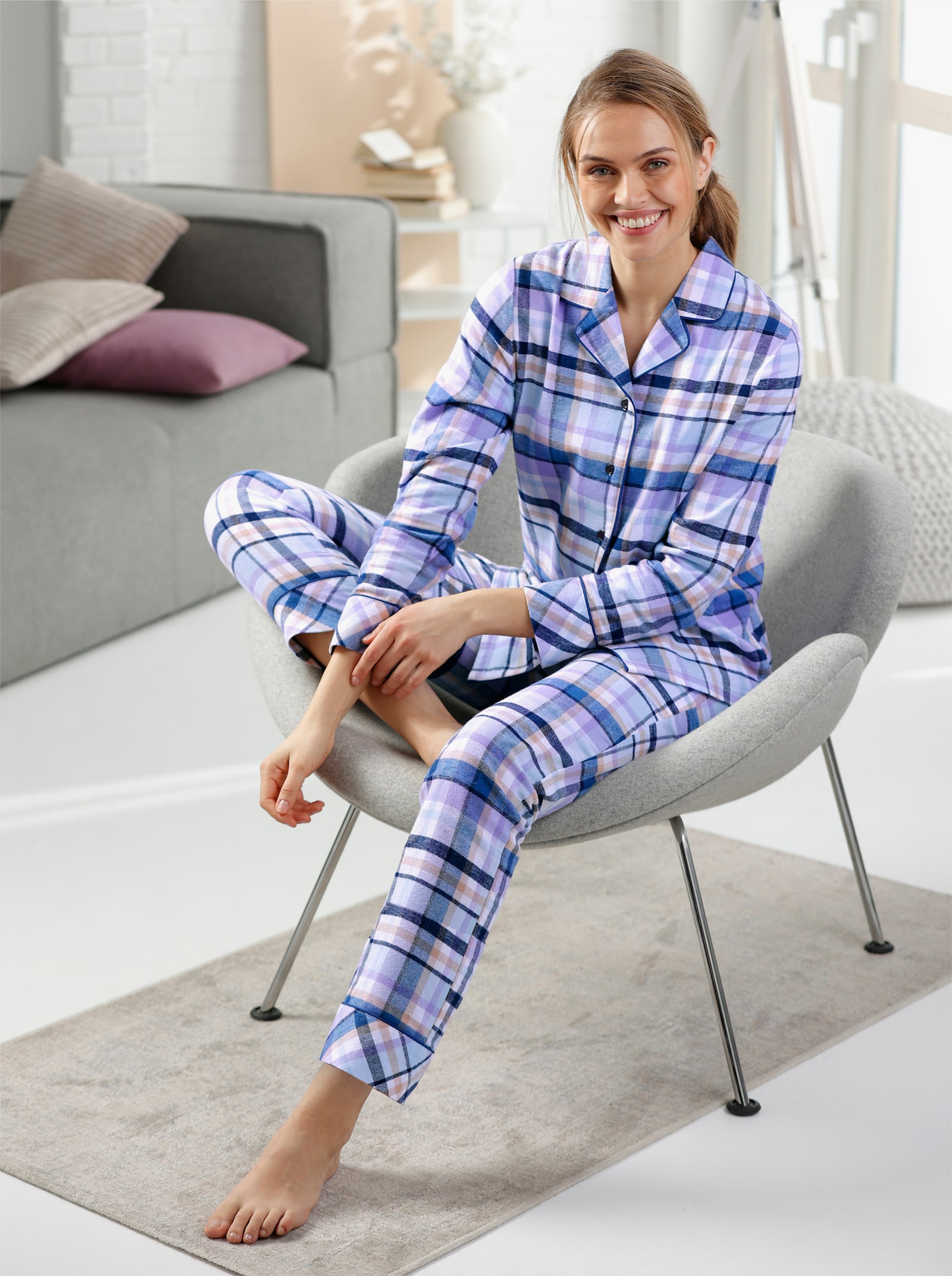 wäschepur Schlafanzug mit Webkaro - ecru-eisblau-kariert