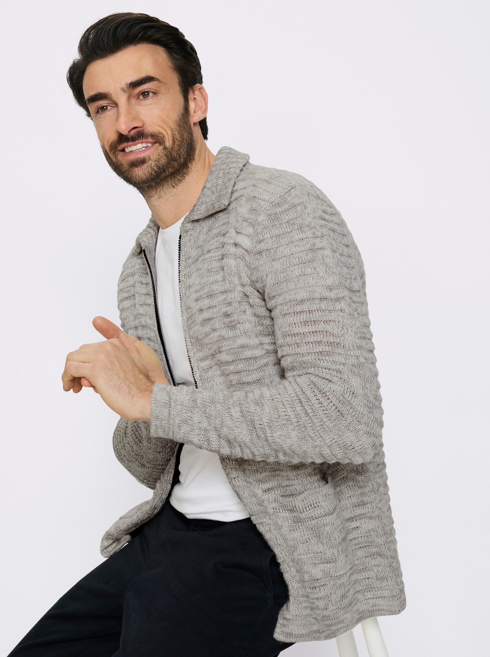 Marco Donati Strickjacke in längerer Form - ecru-steingrau-meliert