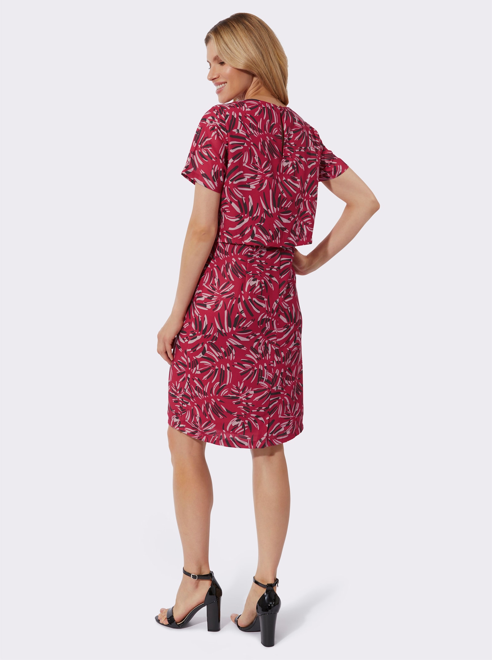 Bleistiftkleid in 2-in-1-Optik - rot-mauve-bedruckt
