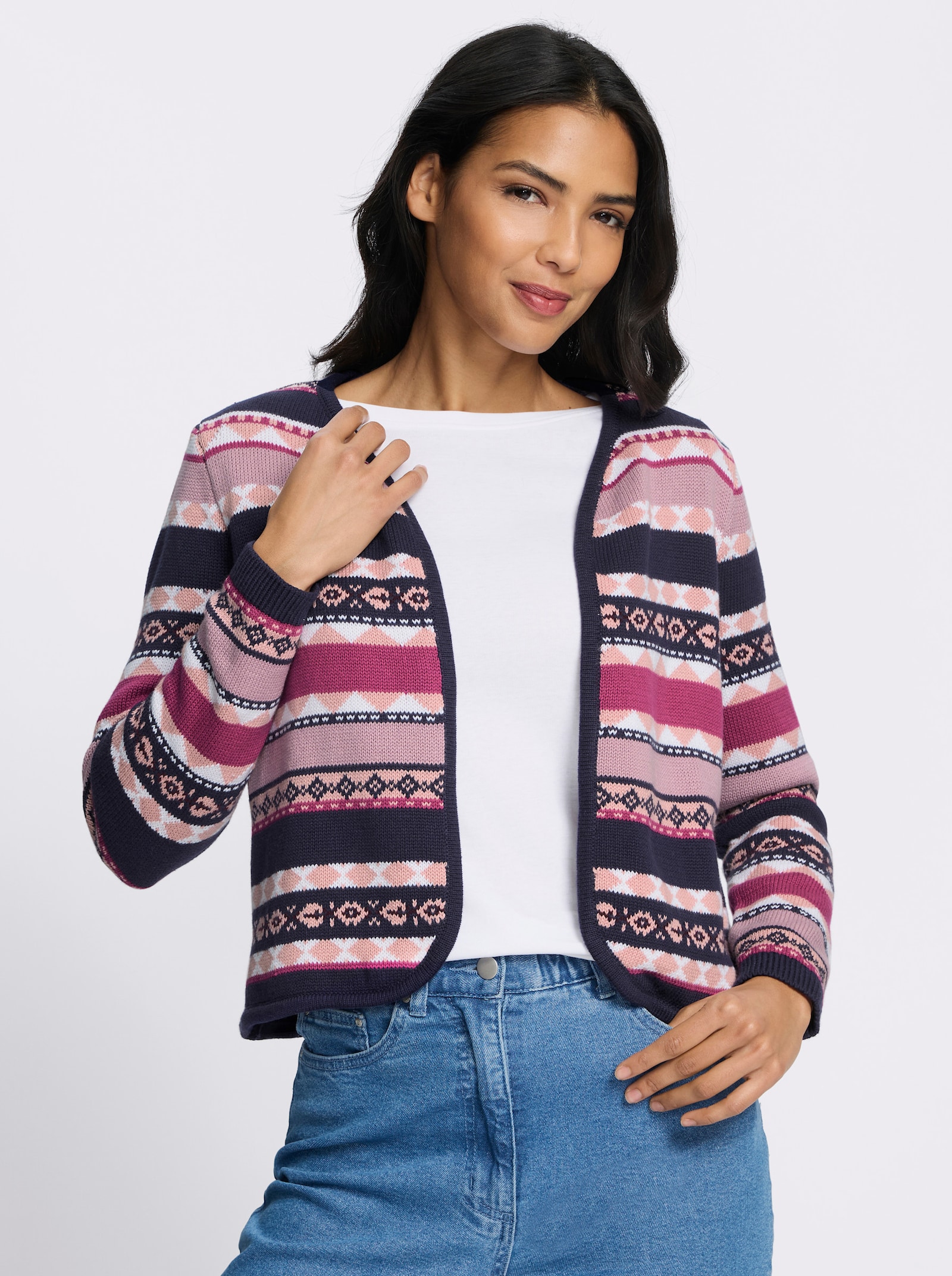 Jacquardstrickjacke im kurzer, offener Form - marine-erika-gemustert