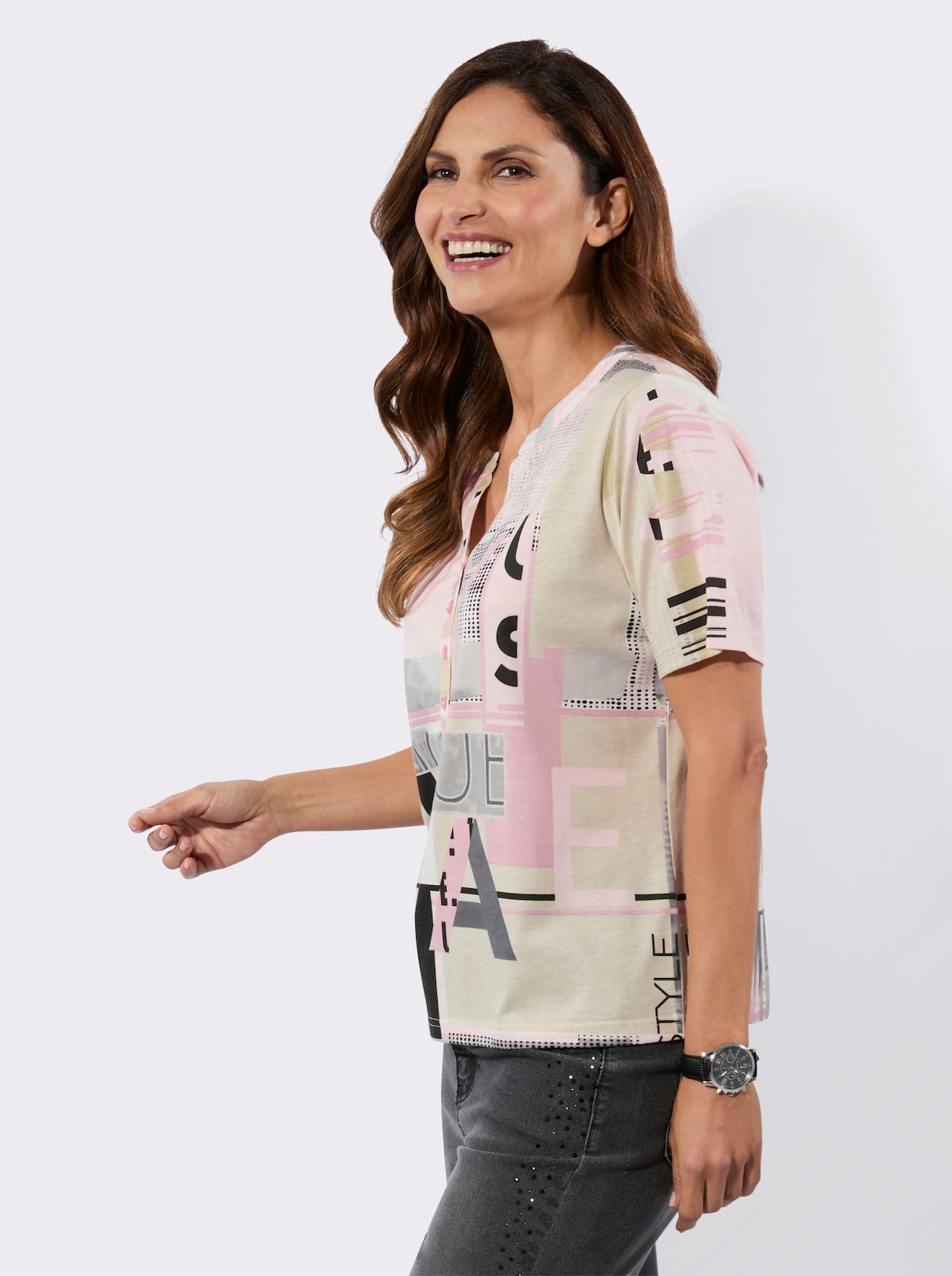 Kurzarmshirt im Baumwoll-Modal-Mix - hortensie-sand-bedruckt