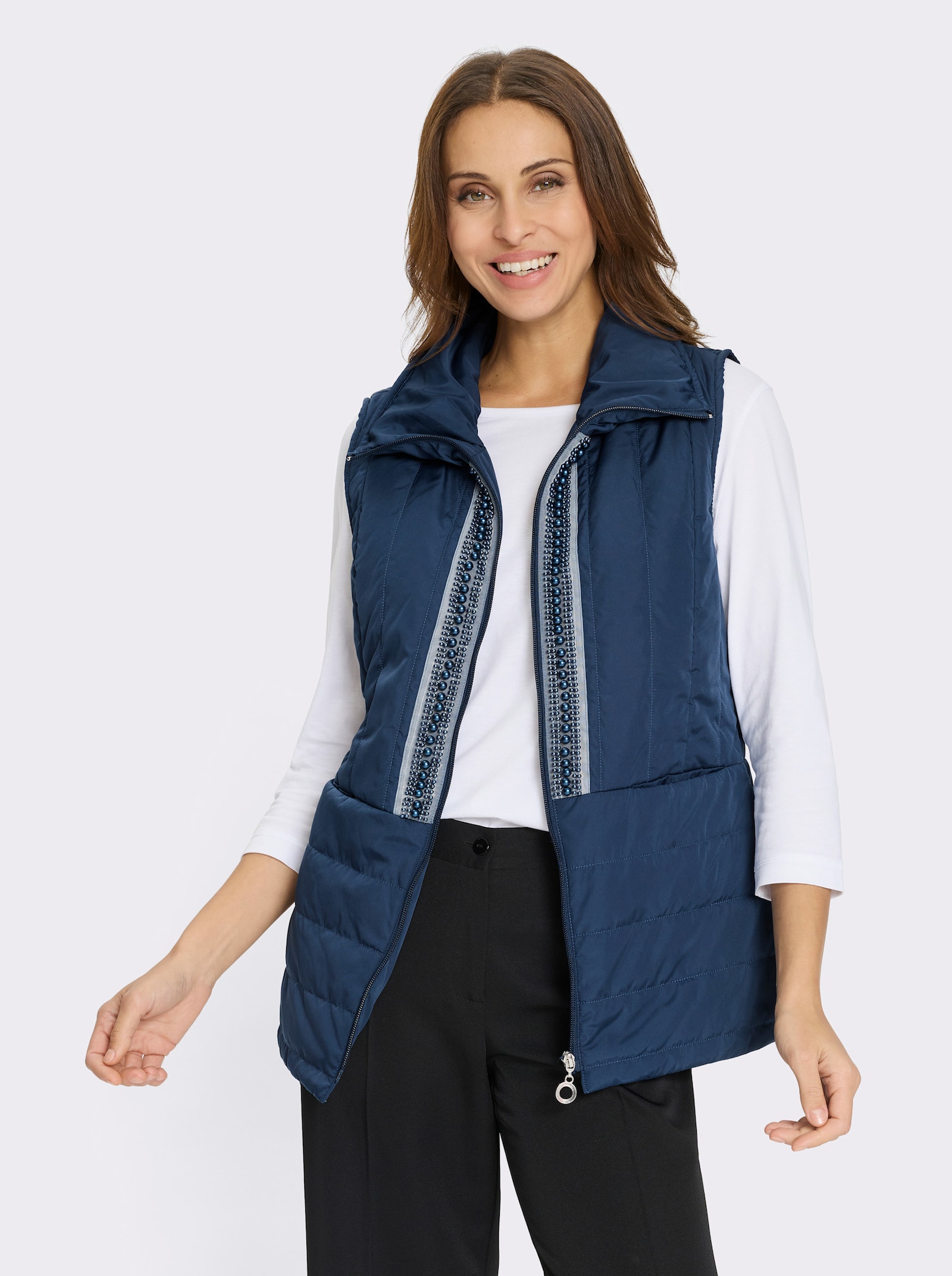 Steppweste mit Zierperlen am Reißverschluss - dunkelblau