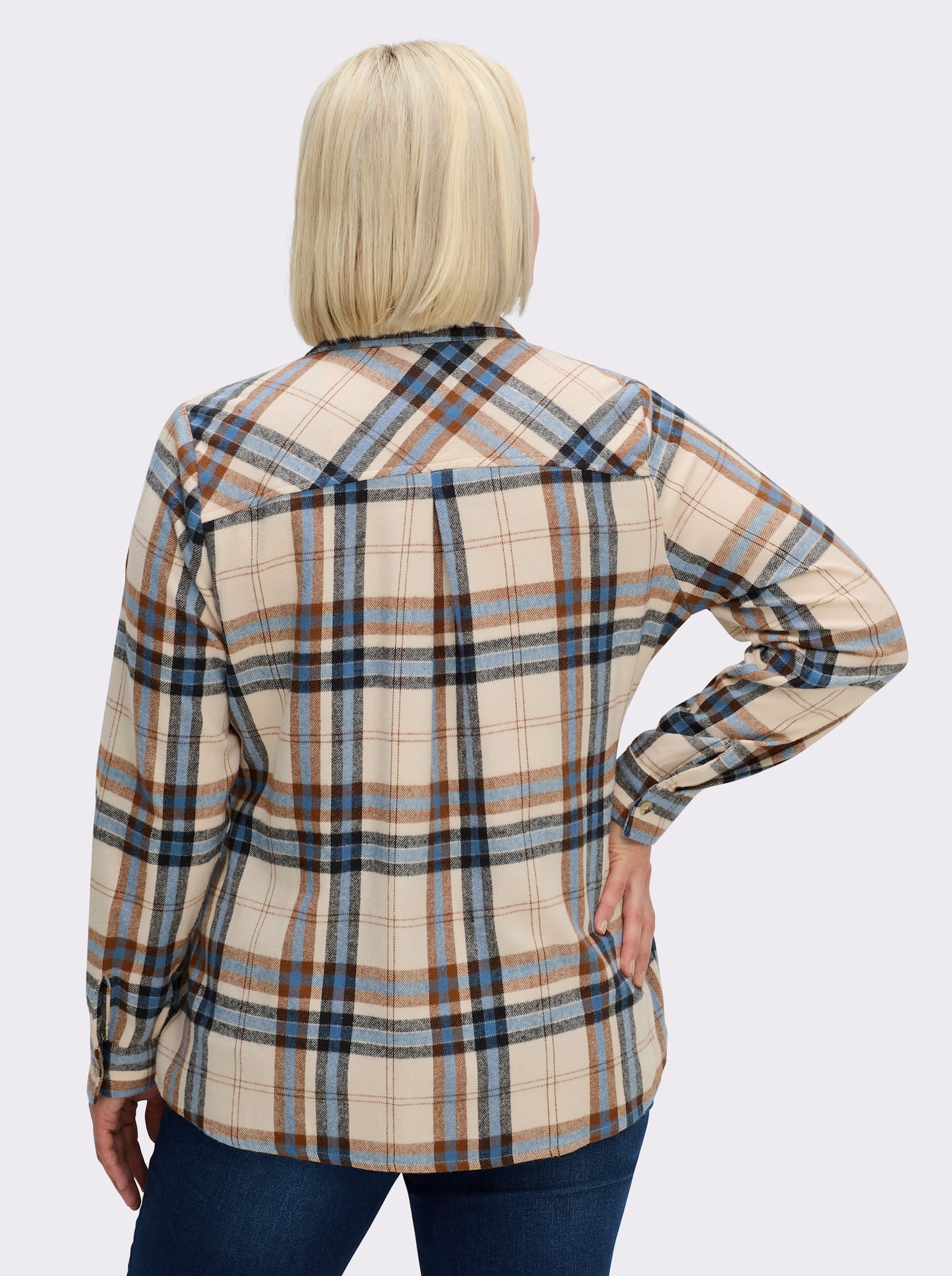 Flanellbluse mit mehrfarbigem Webkaro - mittelblau-elfenbein-kariert