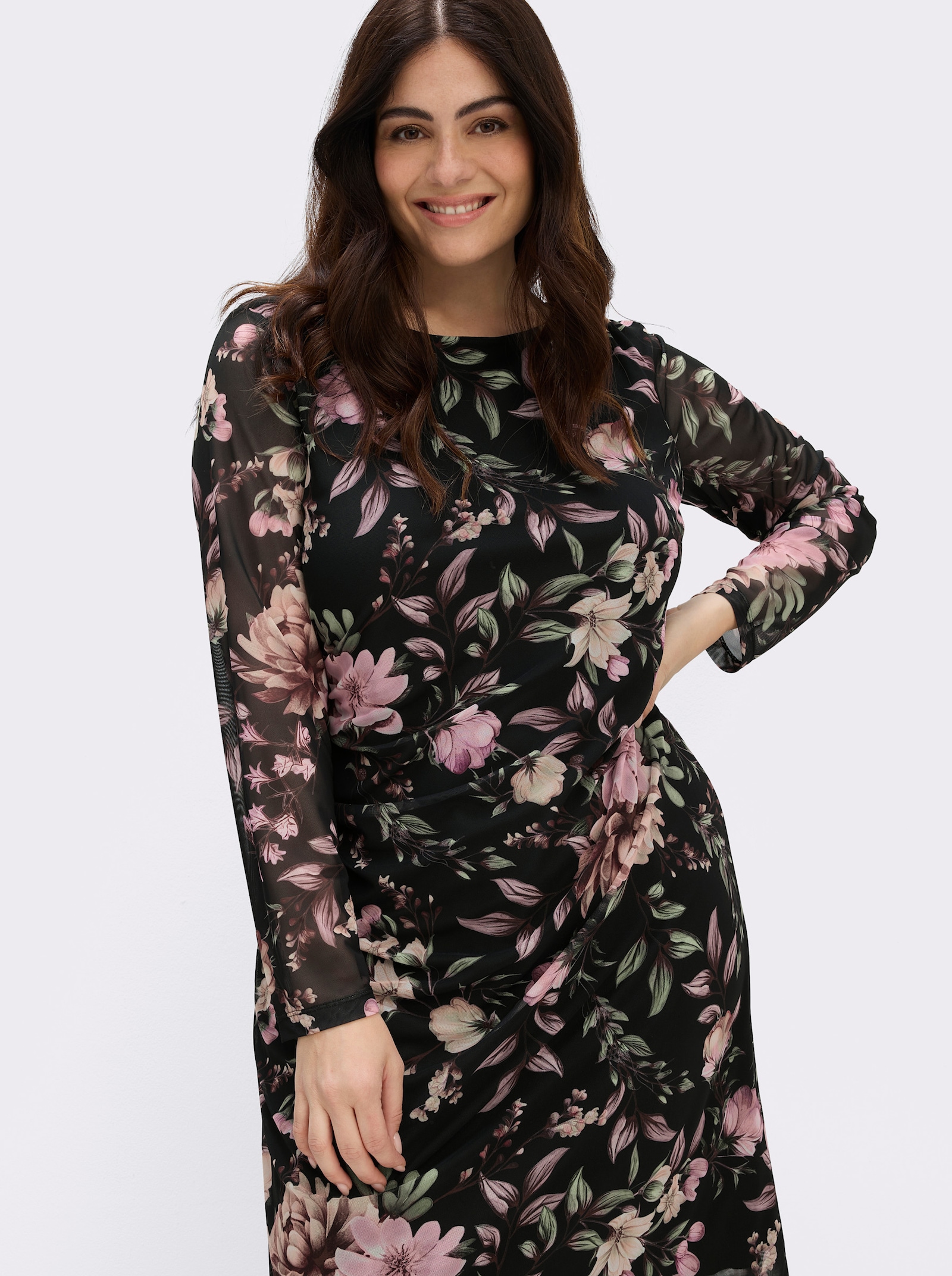 sheego Blumenkleid aus Mesh-Qualität - schwarz-rosenholz-bedruckt