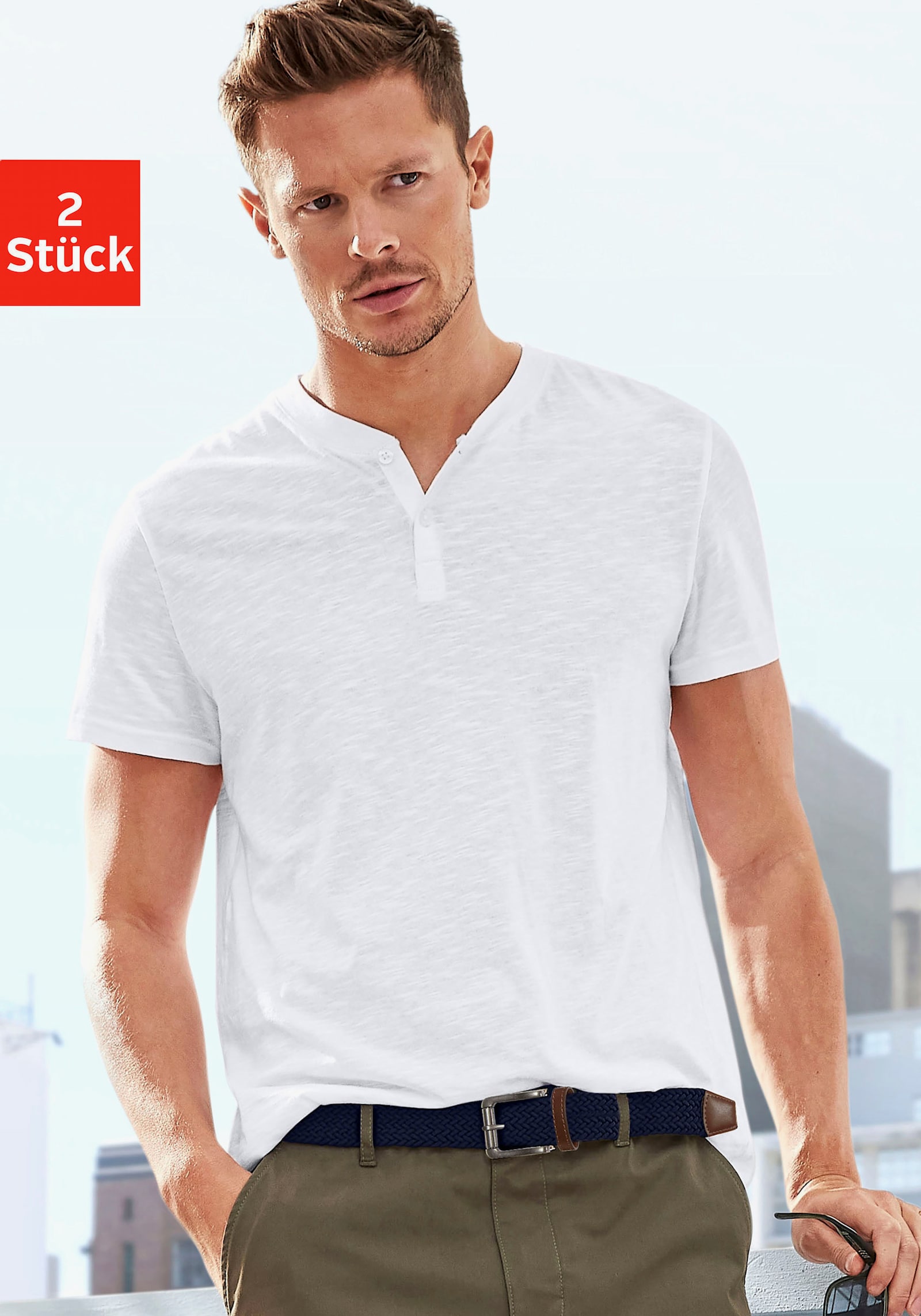 H.I.S Henleyshirt - hellblau / weiß