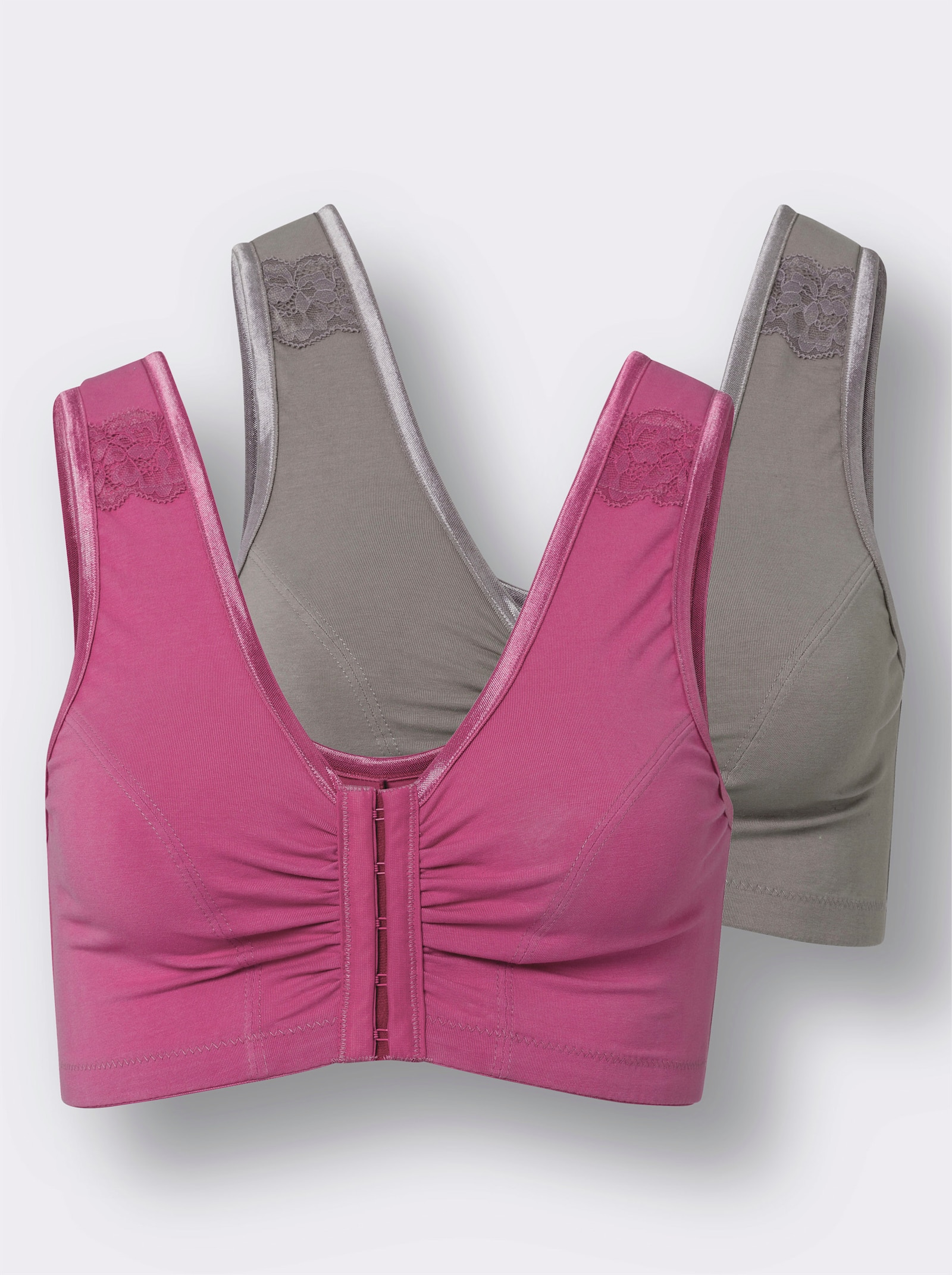 Vorderverschluss-BH ohne Bügel mit gepolsterten Trägern - grau + erika