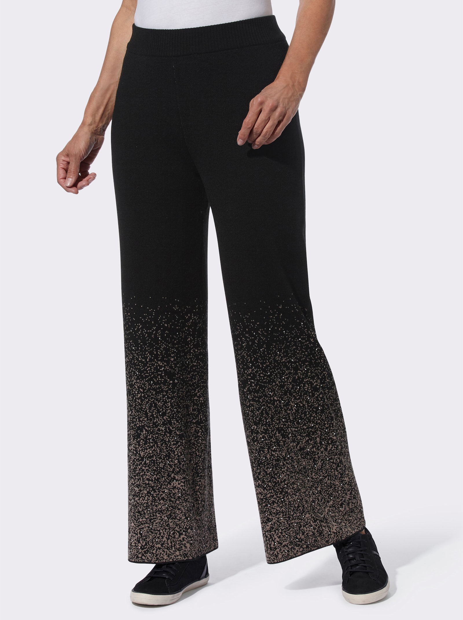 Úpletové nohavice s trblietavými kamienkami - Čierno-hnedosivá vzorovaná