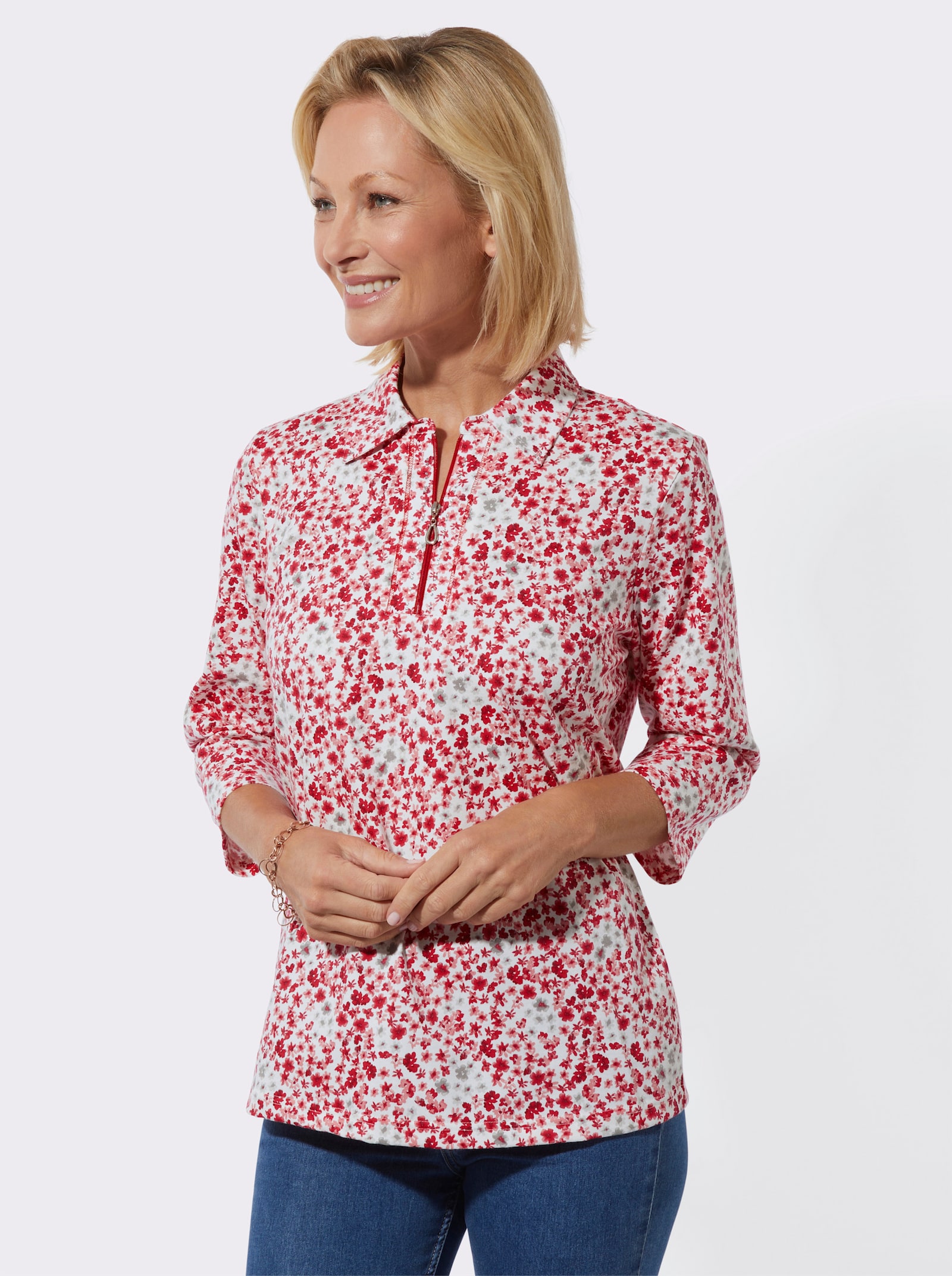 Poloshirt mit Glitzersteinchen - rot-ecru-bedruckt