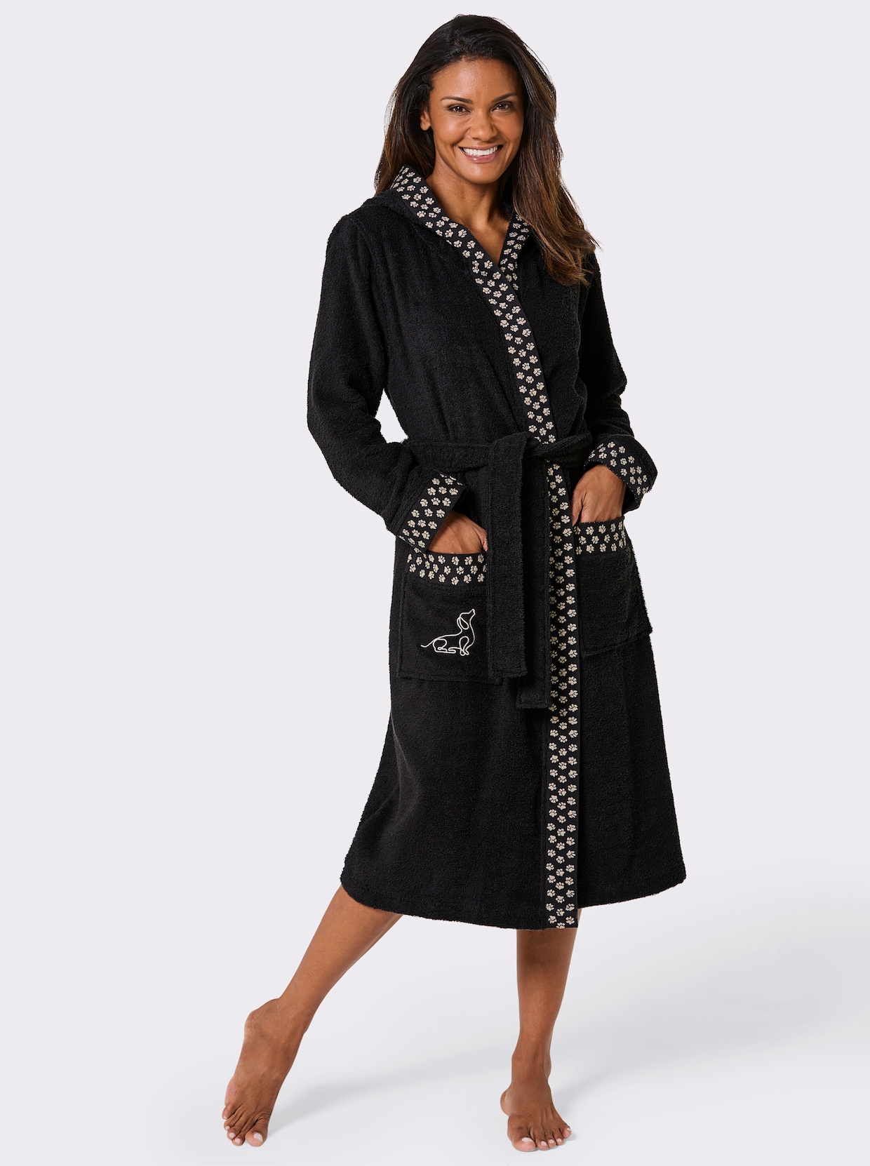 feel good Bademantel mit Pfötchen-Print und Dackel-Stickerei - schwarz-beige