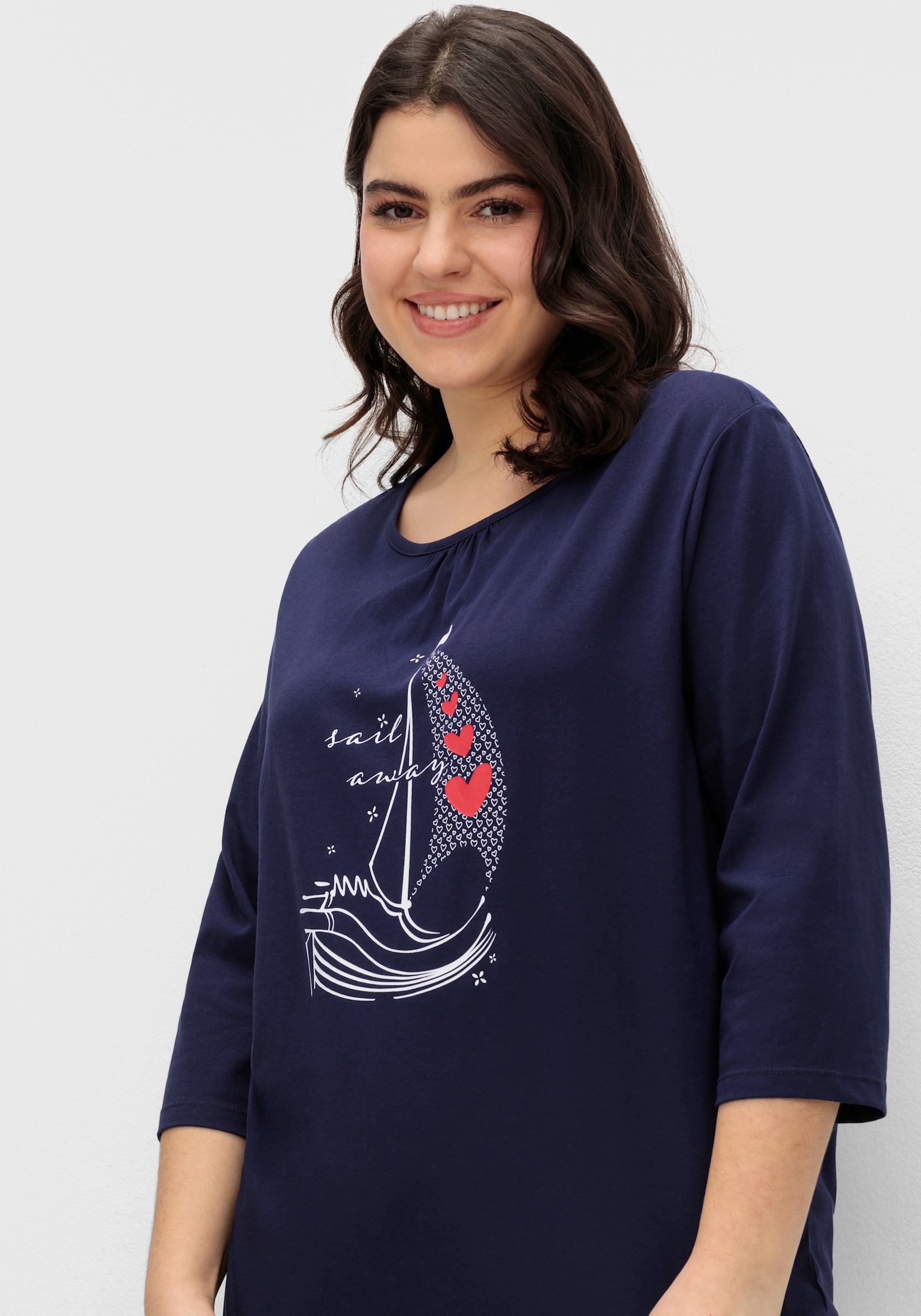 3/4-Arm-Shirt aus reiner Baumwolle - marine-ecru