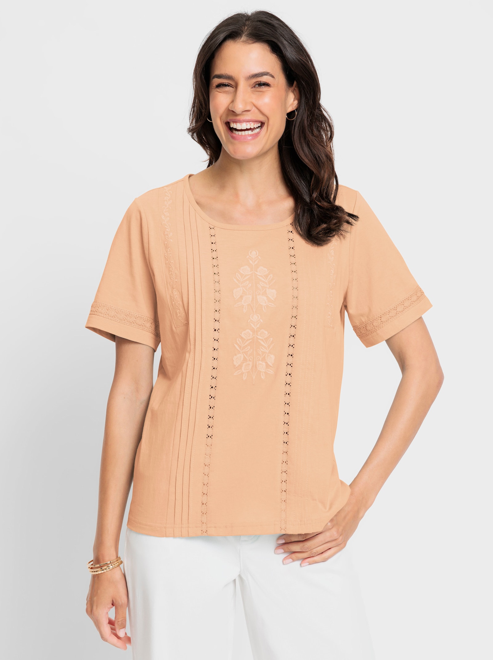 Kurzarmshirt mit Stickerei und Biesen - apricot