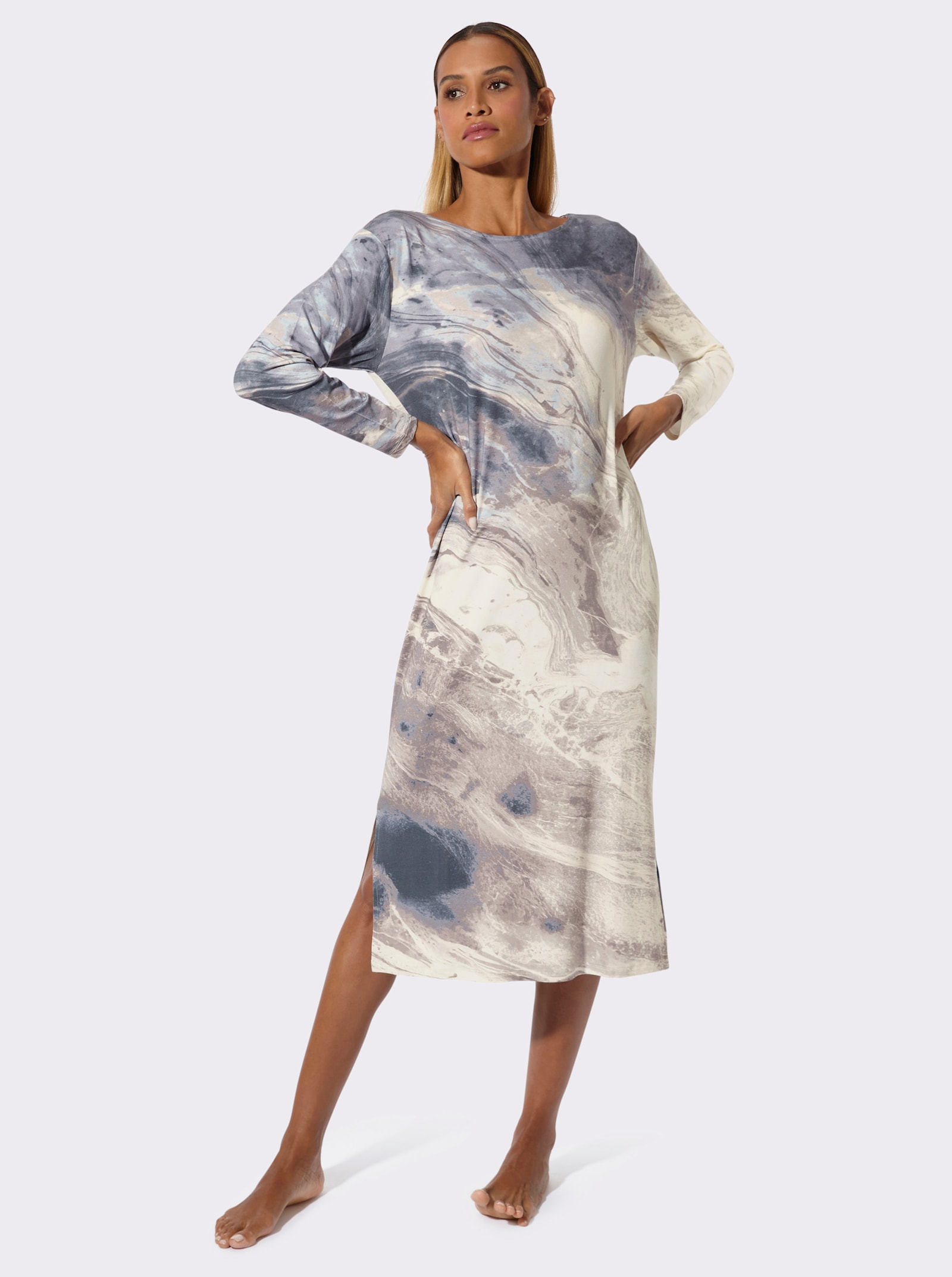 wäschepur Nachthemd mit Seitenschlitzen - champagner-rauchblau-bedruckt