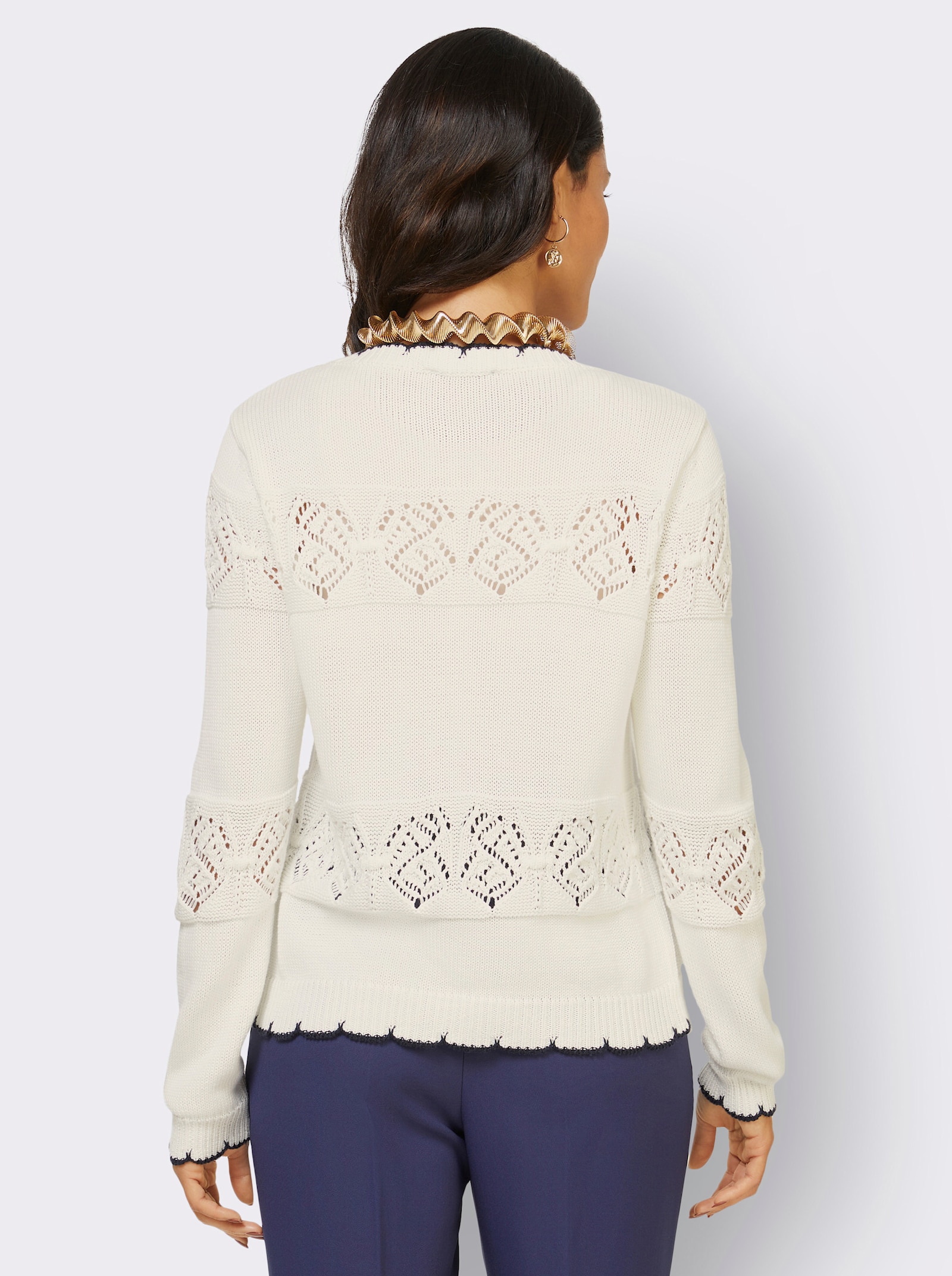 Ajourstrickjacke mit kontrastfarbigen Kanten - ecru