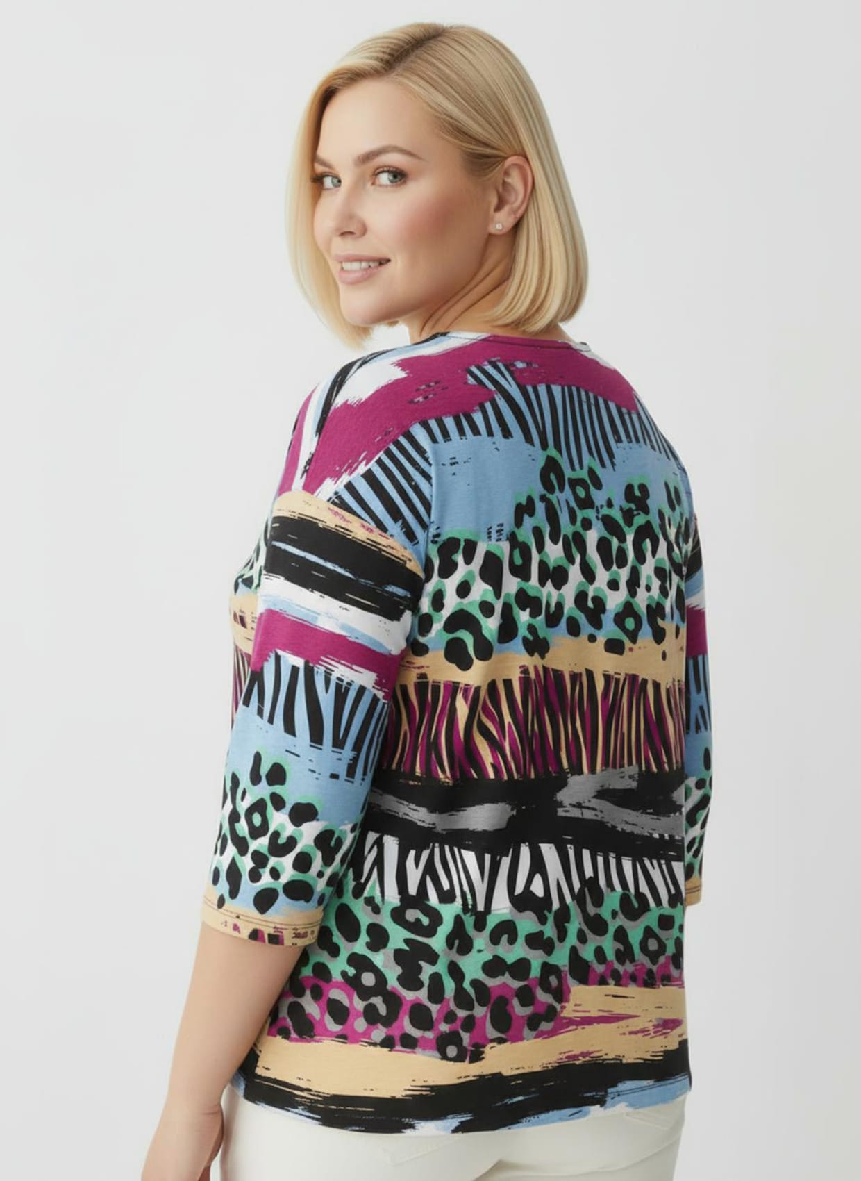 Rundhalsshirt im Mustermix - schwarz-pink-bedruckt