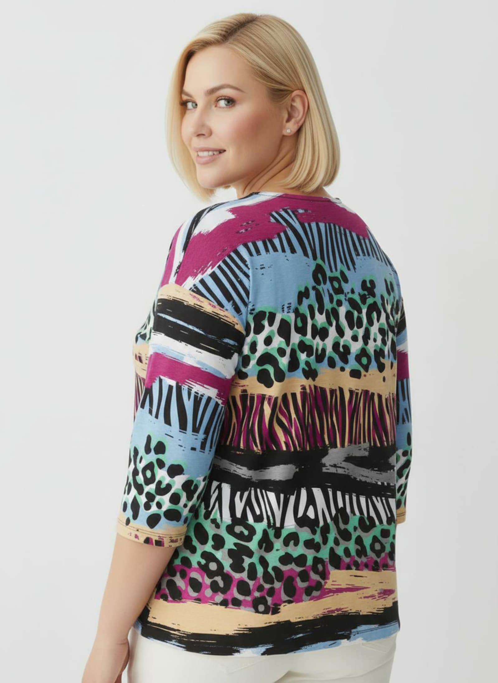 Rundhalsshirt im Mustermix - schwarz-pink-bedruckt