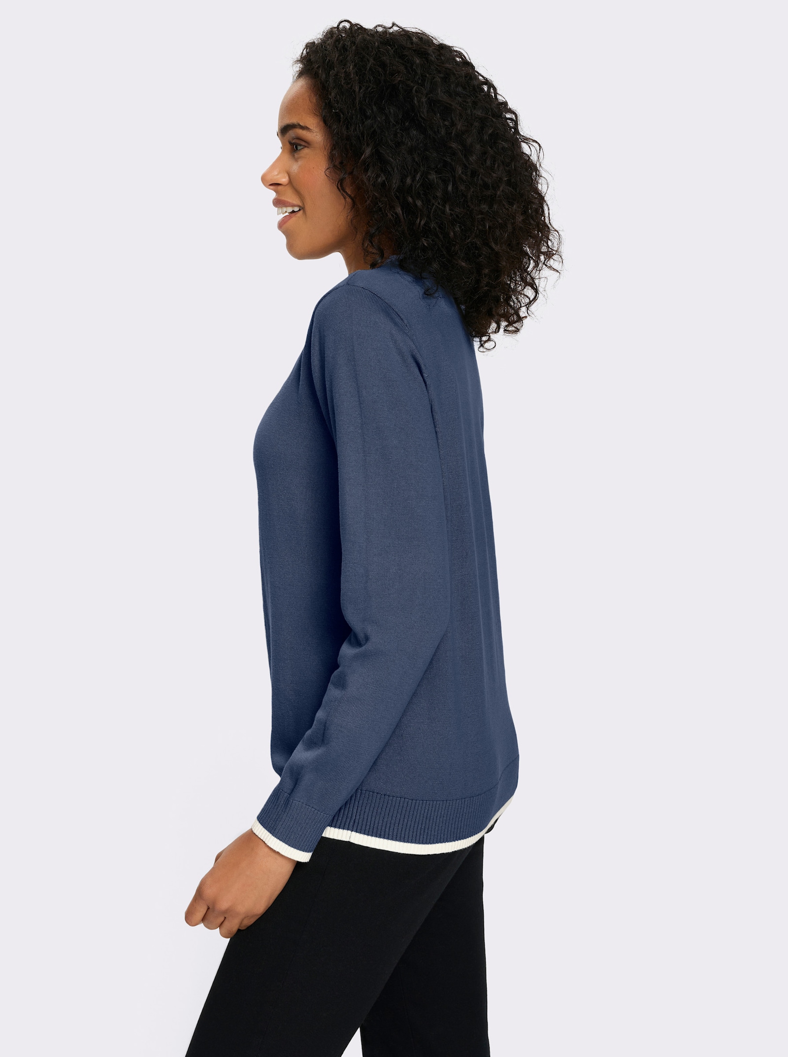 Langarm-Pullover in Baumwoll-Qualität - jeansblau-ecru