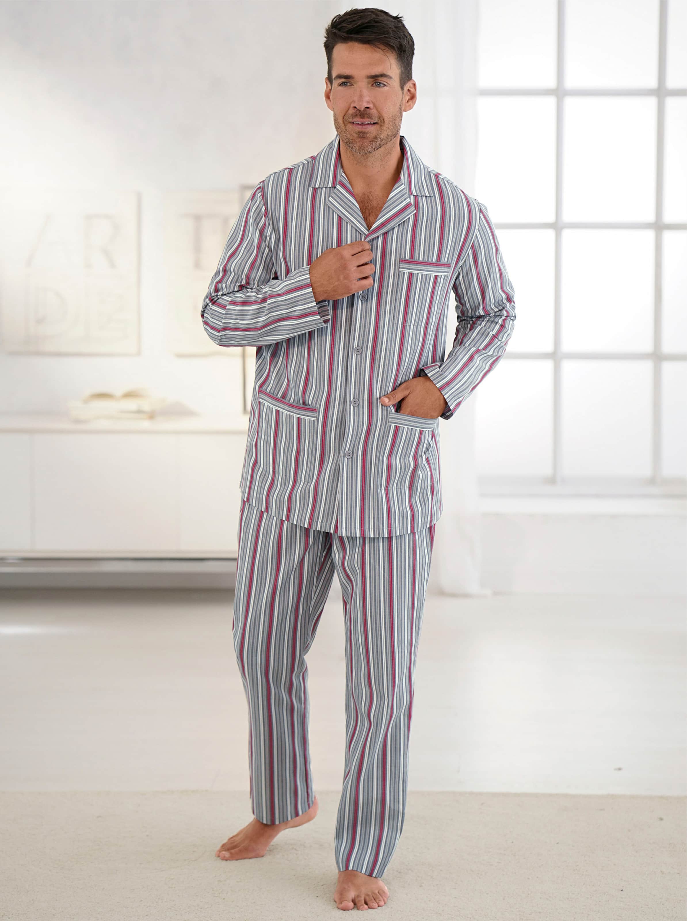 Witt Herren Pyjama, grau-rot-gestreift