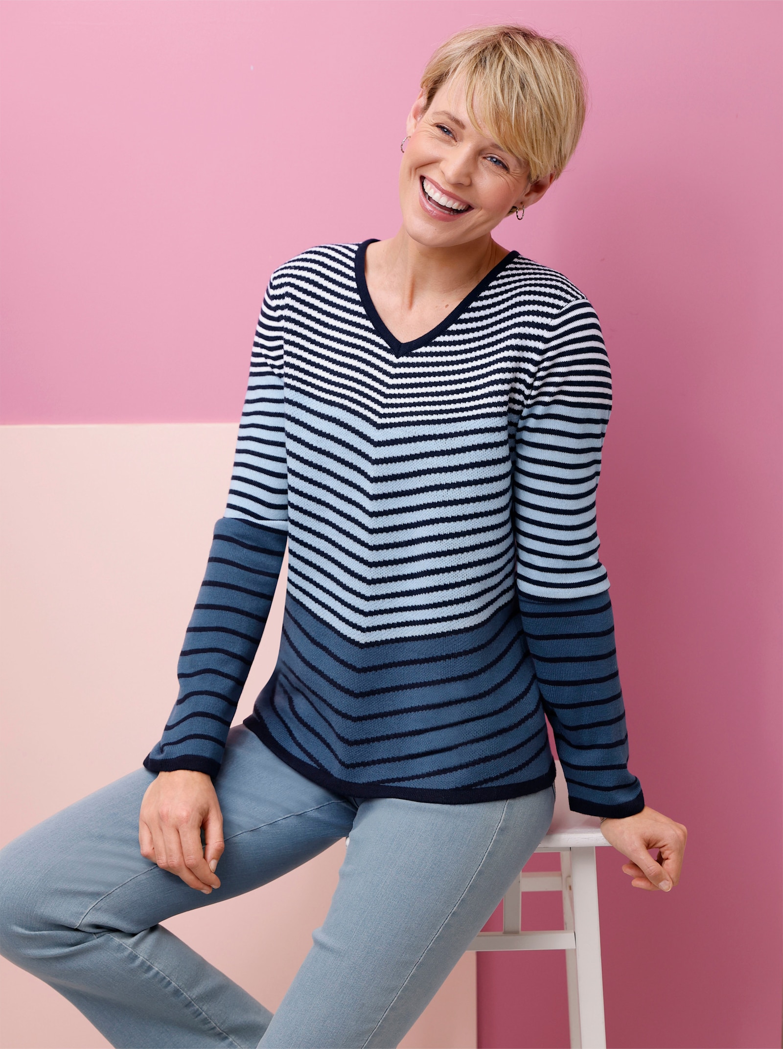 Langarm-Pullover mit Ringel-Muster, Jacquard - jeansblau-marine-geringelt