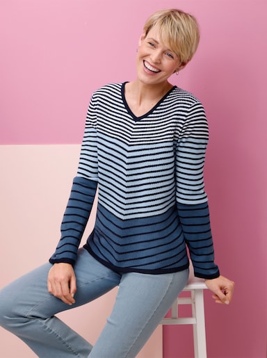 Langarm-Pullover mit Ringel-Muster, Jacquard - jeansblau-marine-geringelt